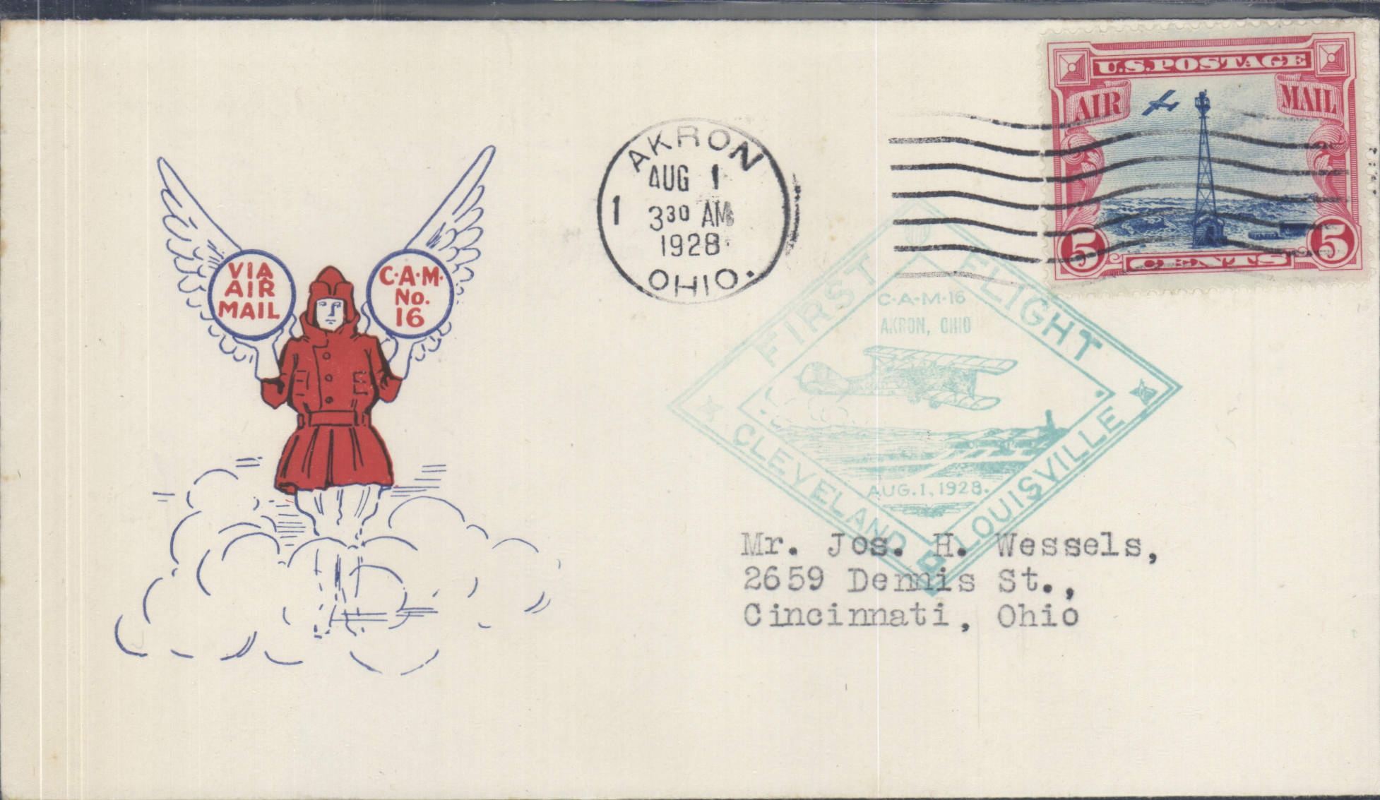 Letter the United States Akron Ohio to Cincinnati Cleveland Lousiville 1 8 1928