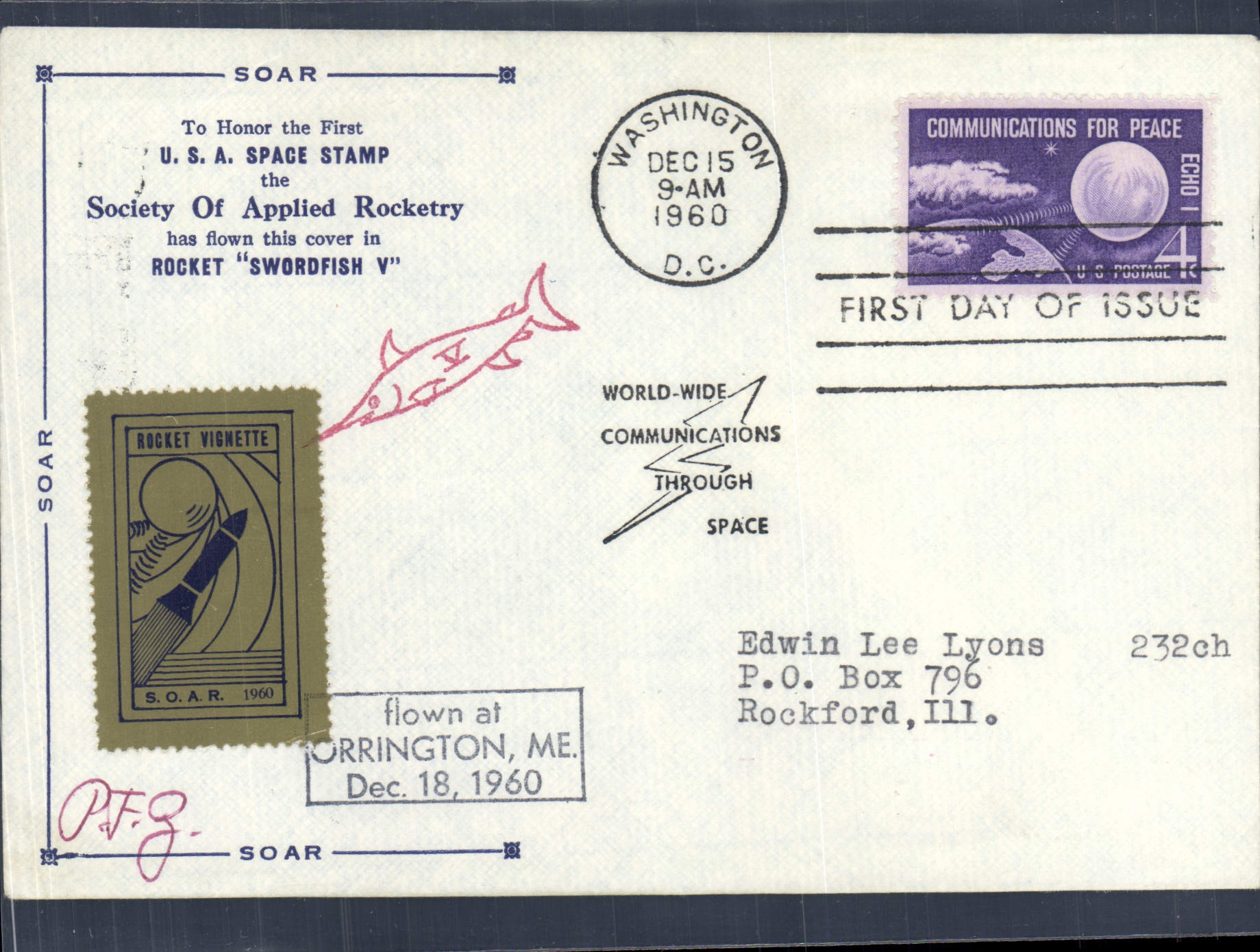 Lettre Etats Unis Washington Rocket vignette Rockford Orrington 15 12 1960 