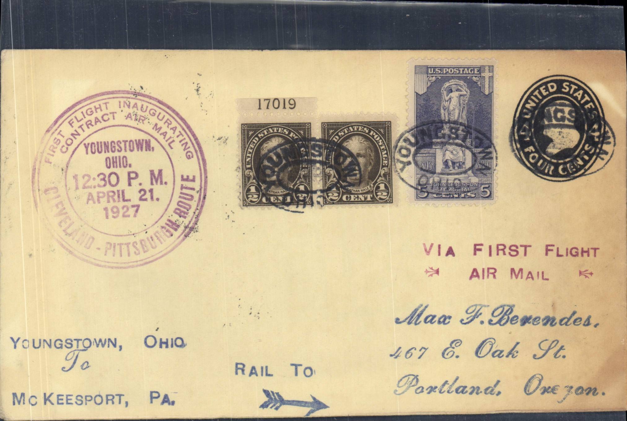 Lettre Etats Unis Cleveland Pittsburgh 21 4 1927 