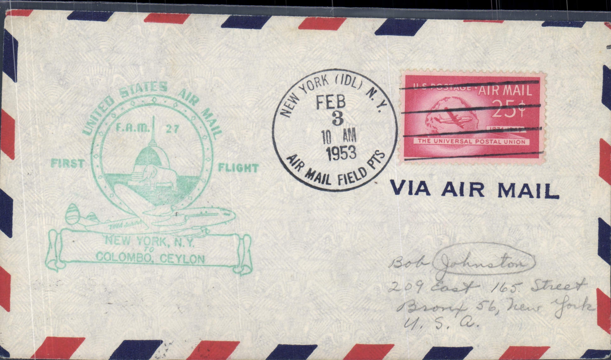 Letter the United States New York to Colombo Ceylon 3 2 1953