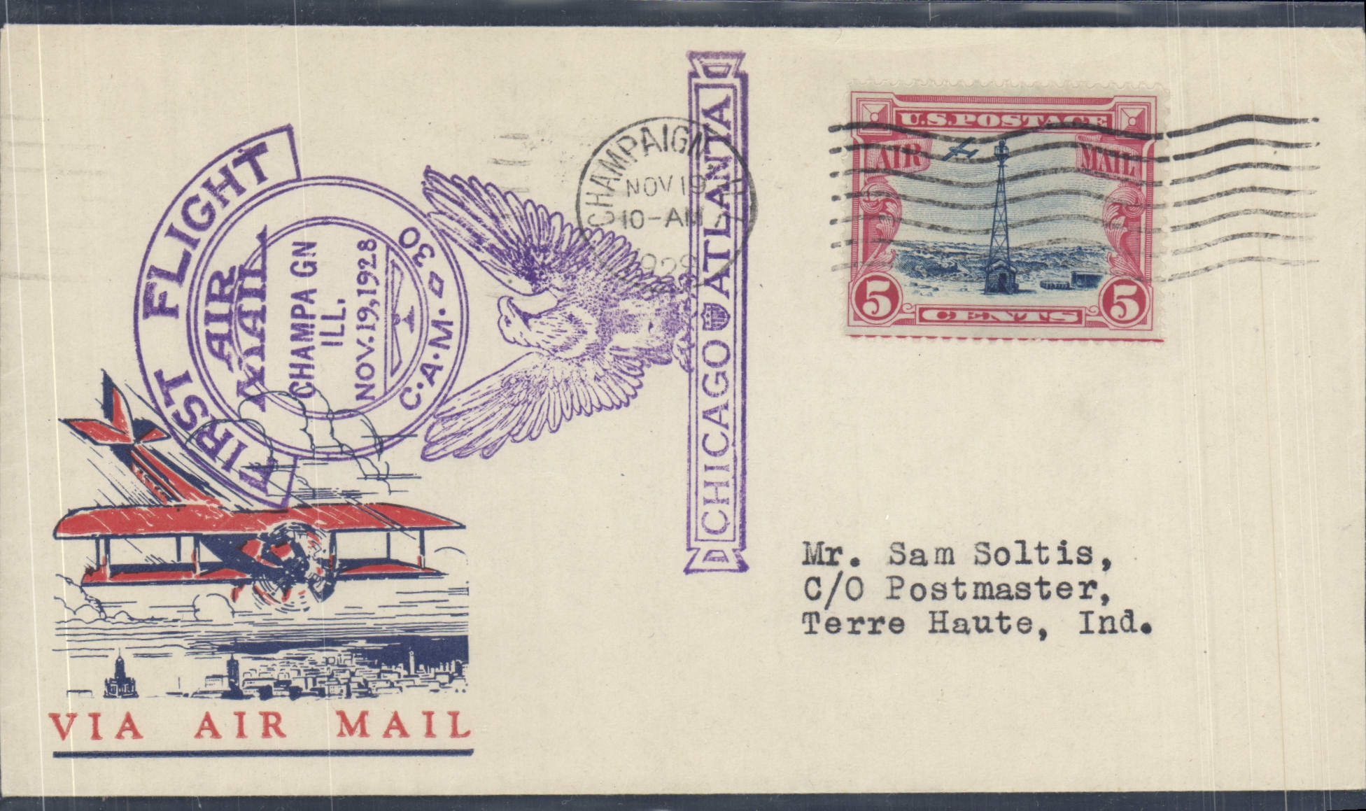 Lettre 1er Vol Etats Unis Champa Terre Haute Aigle 19 11 1929