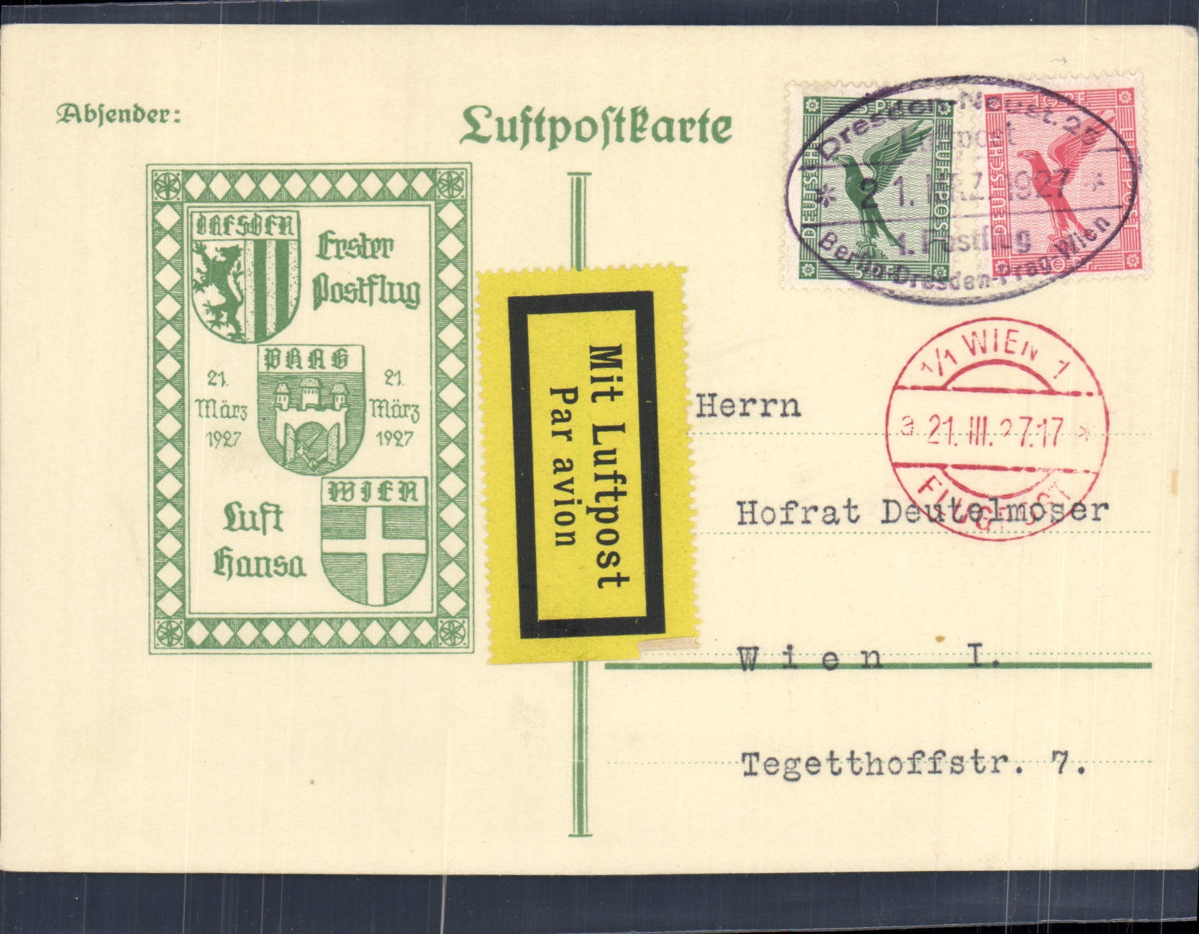 Lettre Vol Allemagne Wien 21 3 1927
