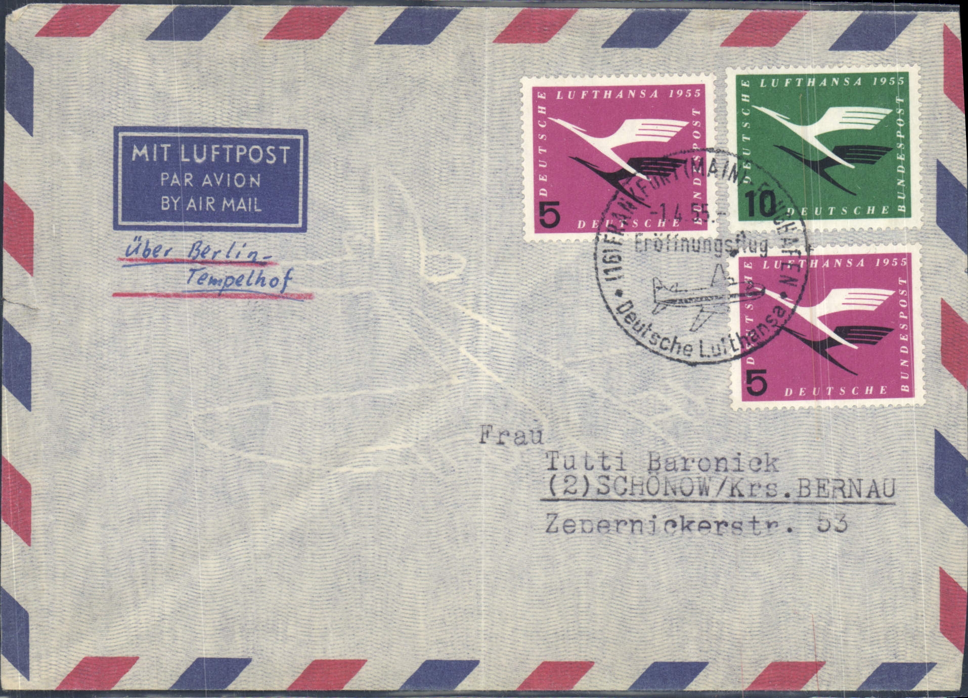 Lettre Vol Allemagne 1 4 1955 to Schonow