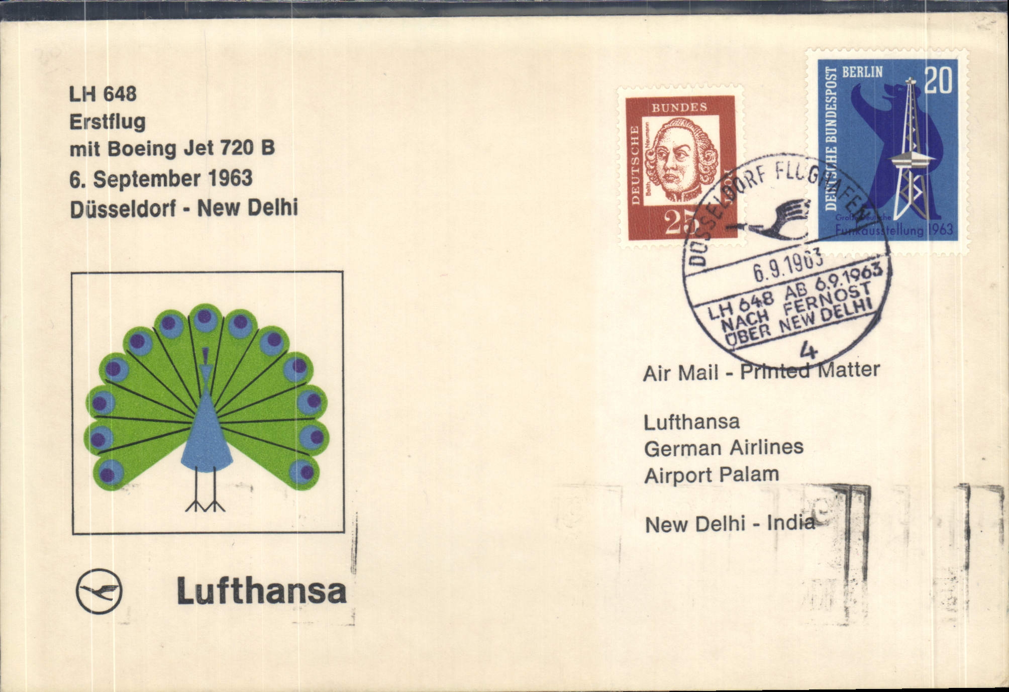 Lettre 1er Vol Allemagne Dusseldorf New Delhi Paon Lufthansa 6 9 1963