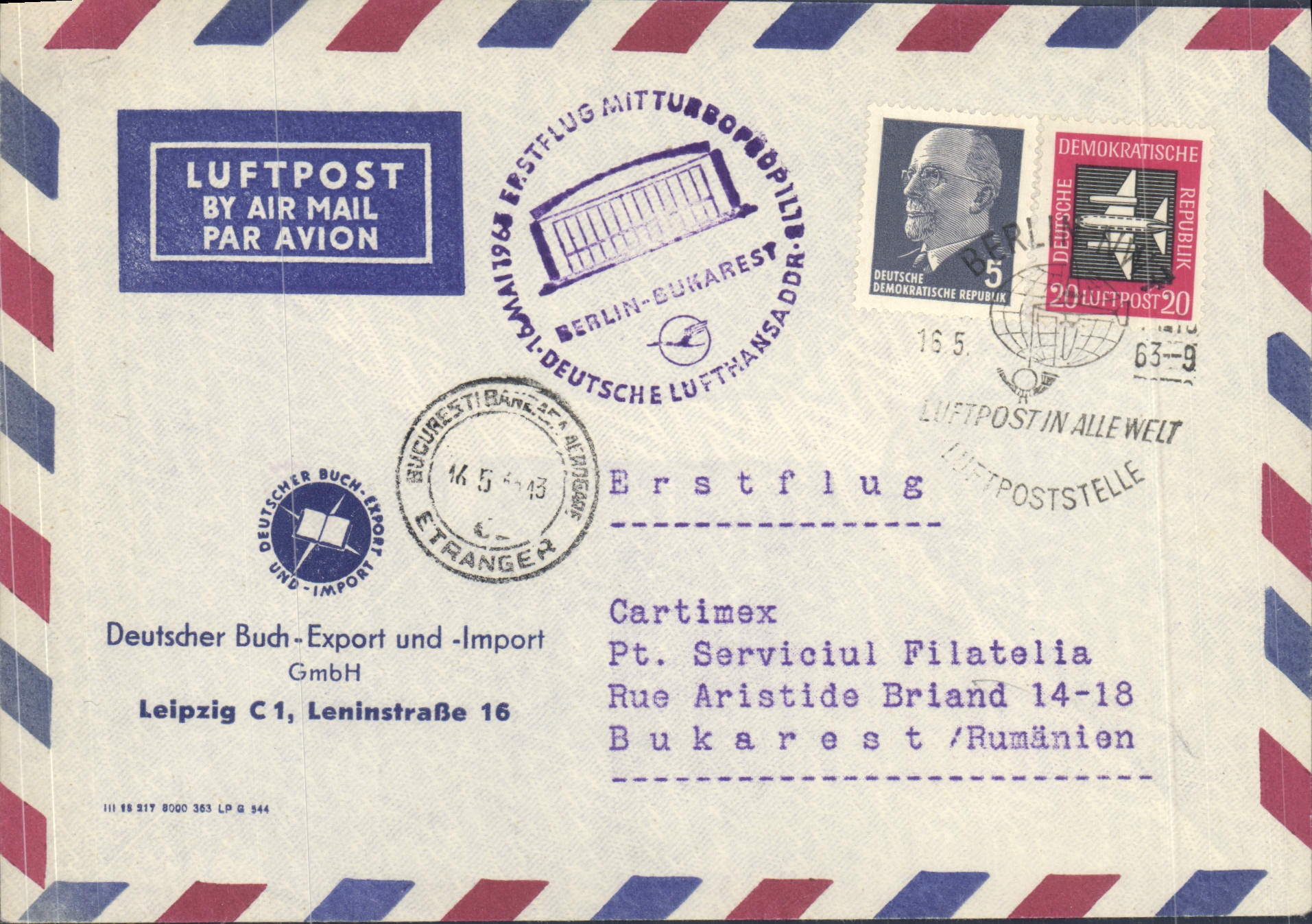 Letter 1st Flight Leipzig Leninstrasse Romania 16 5 1956