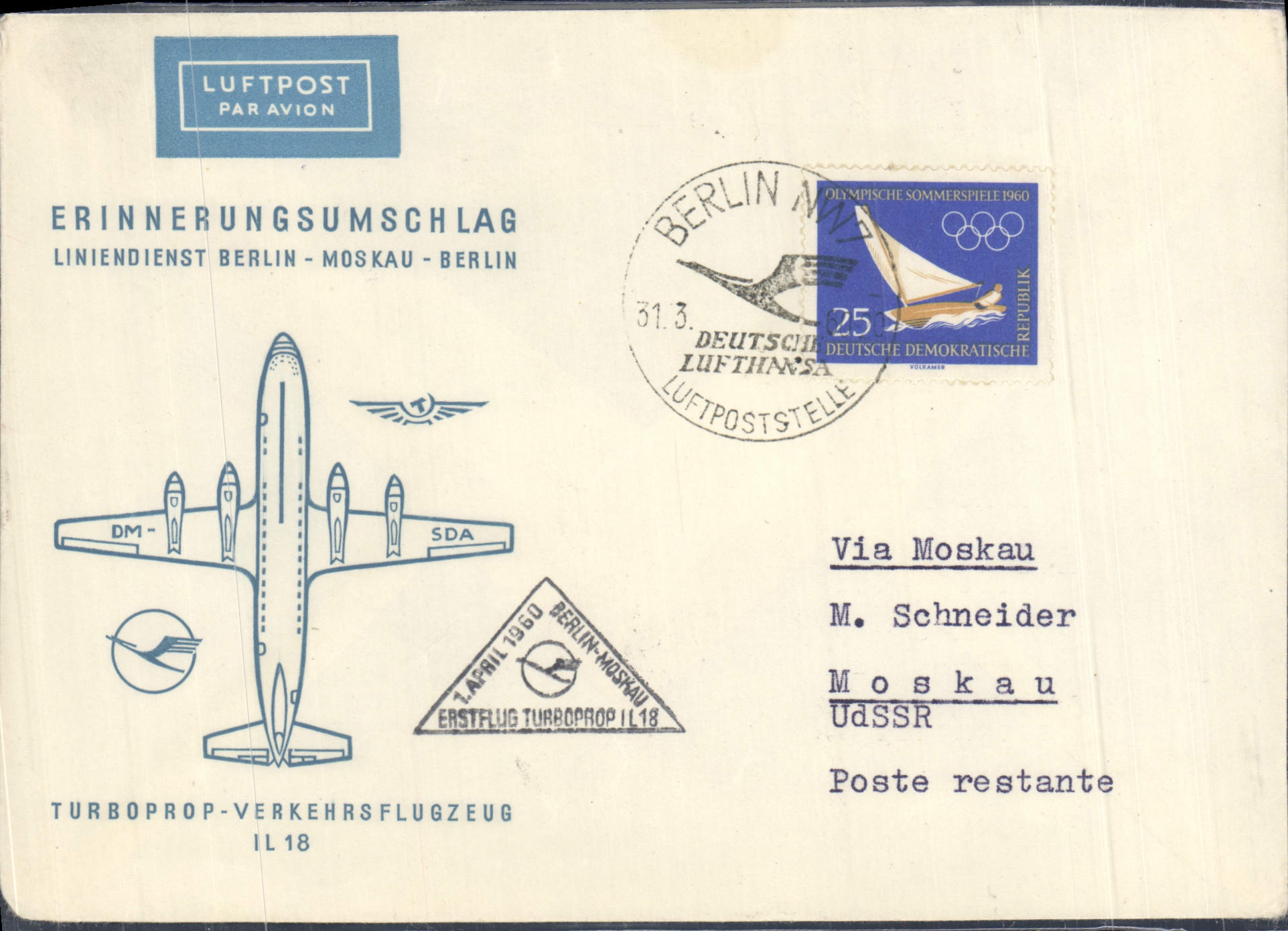 Letter 1st Flight Berlin Moskau Berlin 31 3 1960