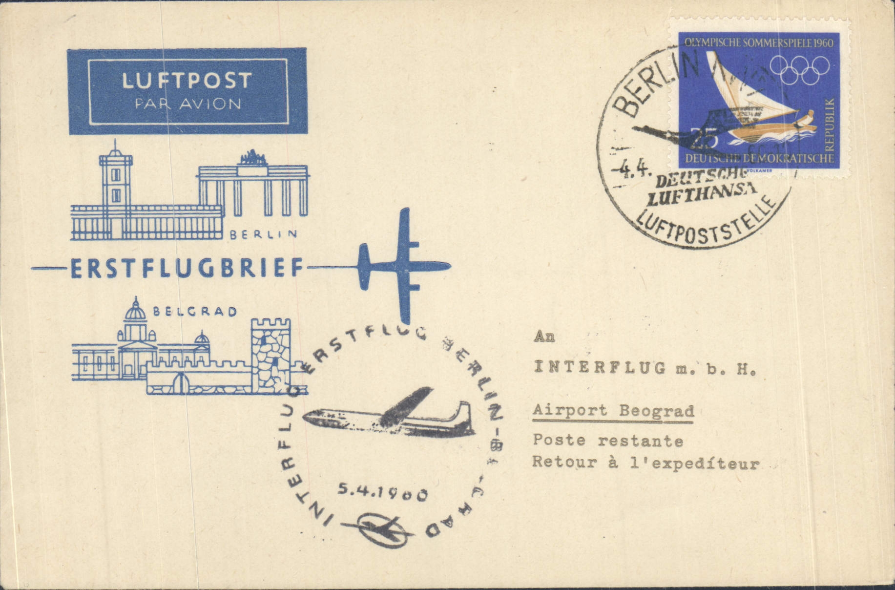 Letter 1st Flight Berlin Belgrad 5 4 1960