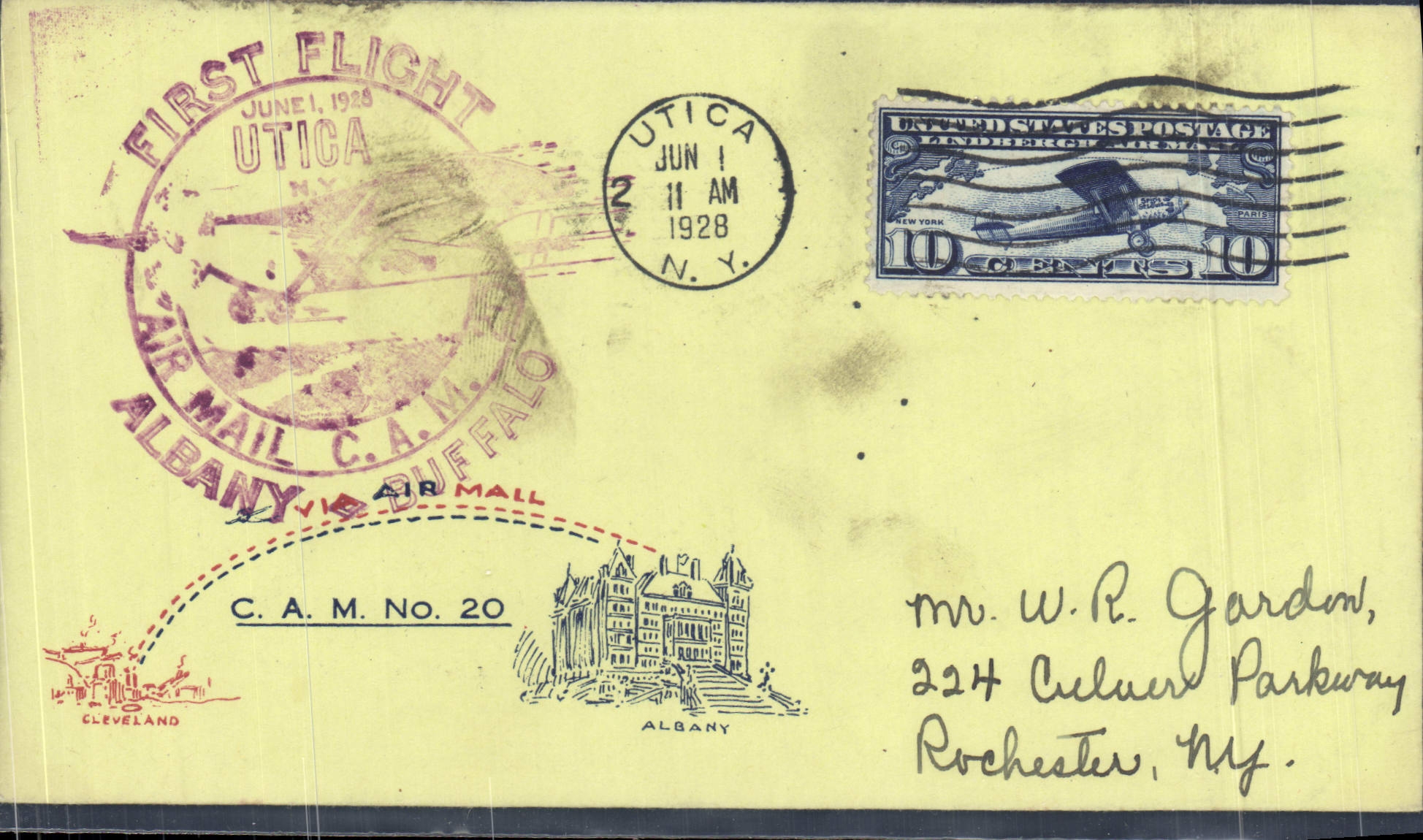 Lettre 1er Vol Etats Unis Albany Buffalo 1 6 1928