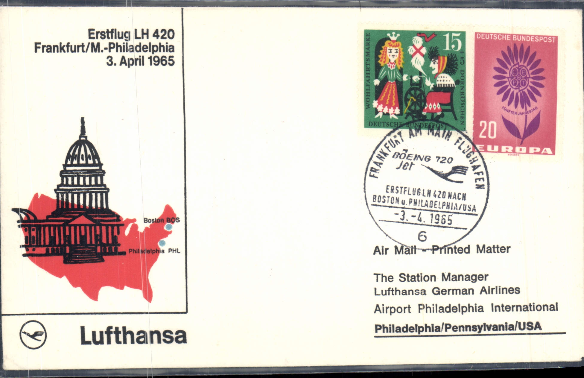 Lettre 1er Vol Frankfurt Philadelphie 3 4 1965