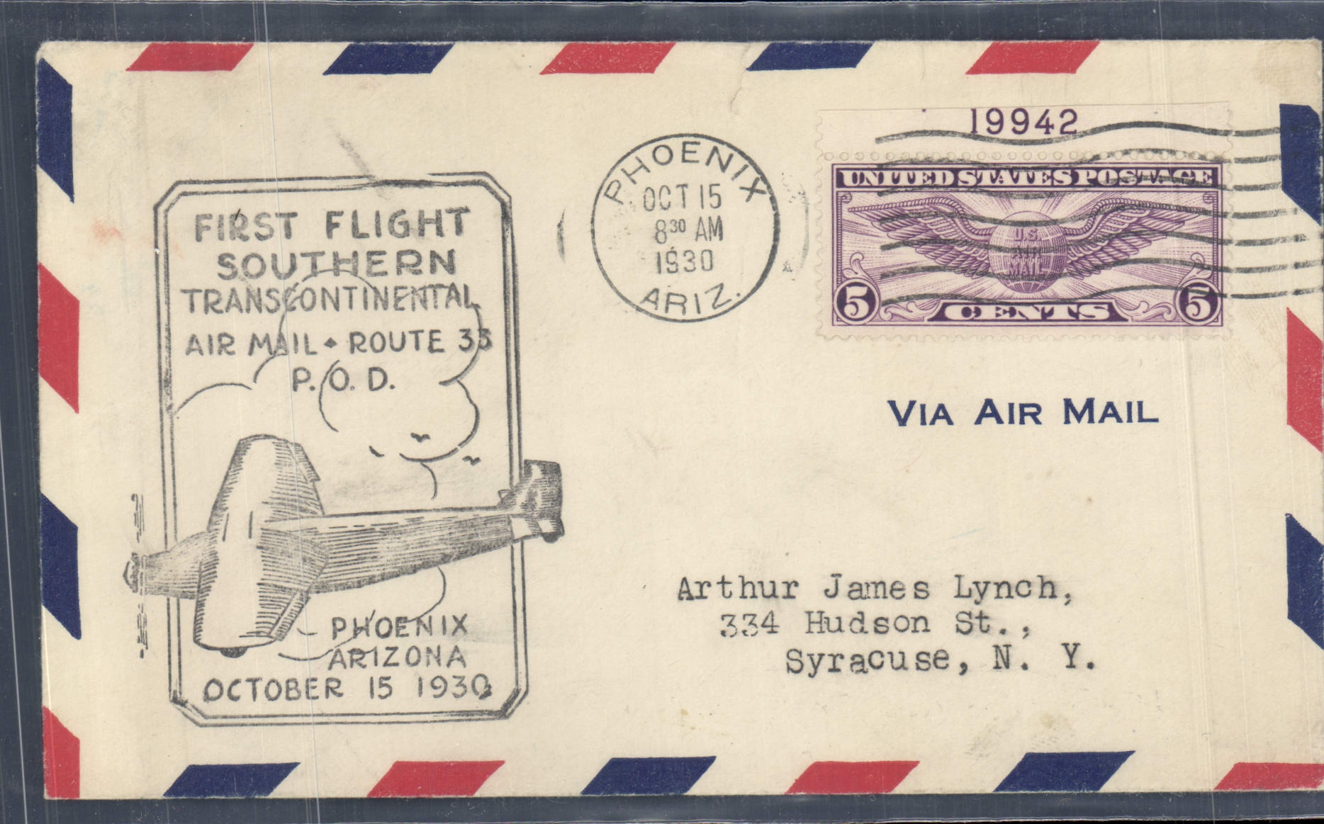 Lettre 1er Vol Etats Unis Phoenix Arizona to Syracuse 15 10 1930