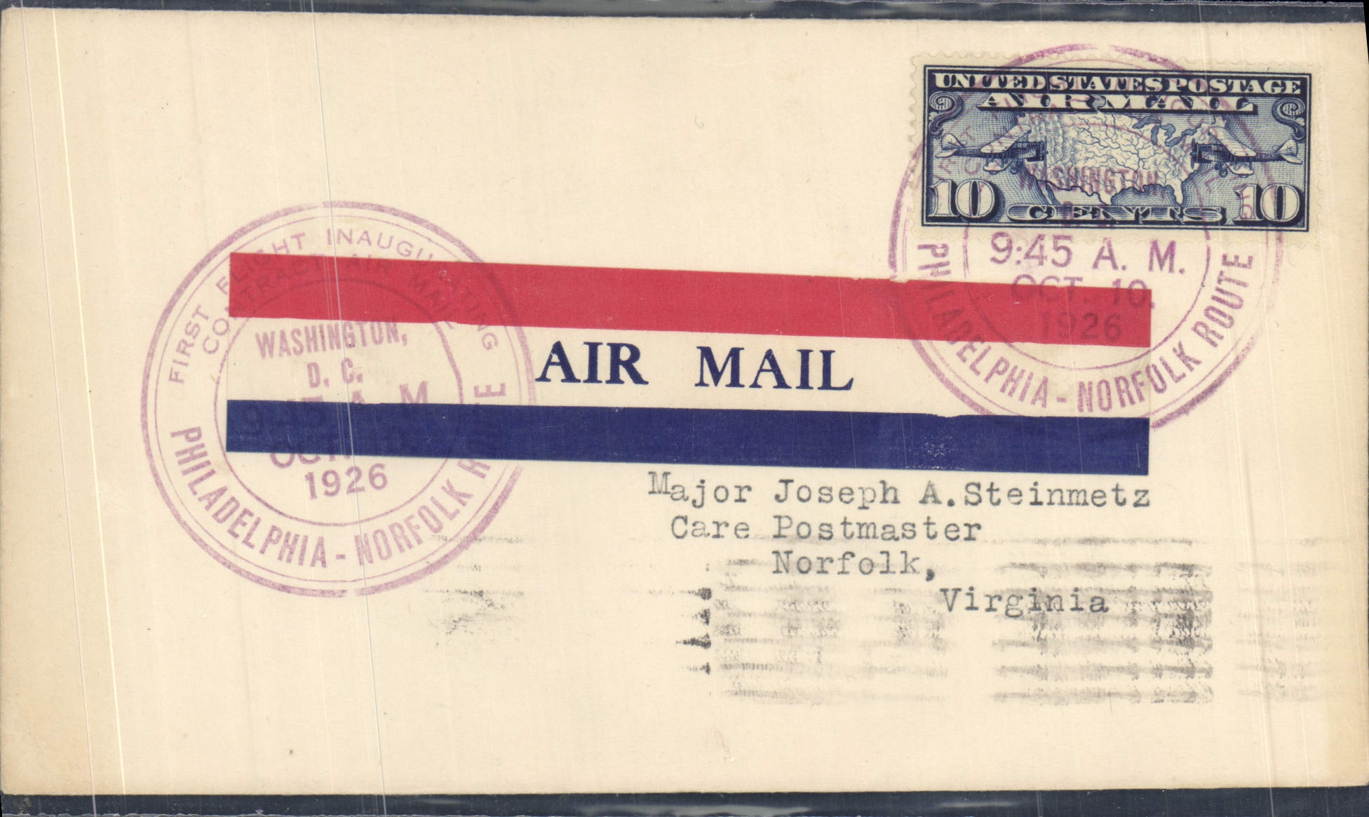 Lettre 1er Vol Etats Unis Philadelphia Norfolk 10 10 1926