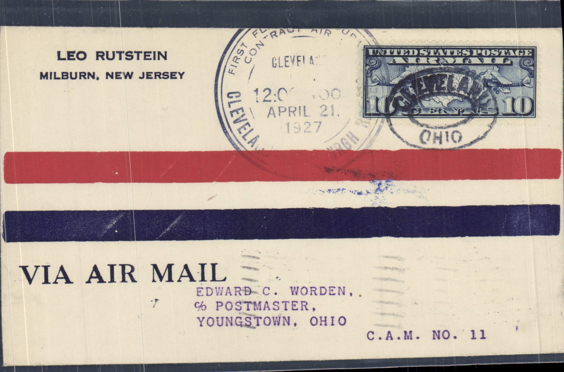 Lettre 1er Vol Etats Unis Cleveland Pittsburgh 21 4 1927