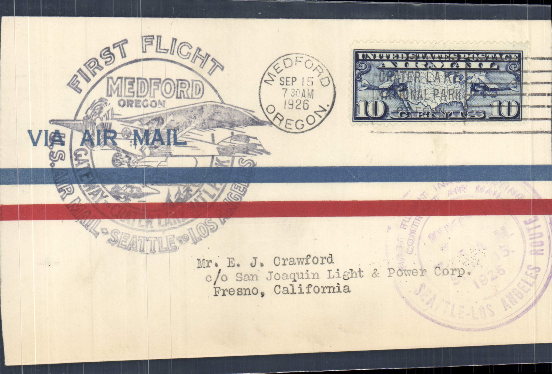 Lettre 1er Vol Etats Unis Seattle Los Angeles 15 9 1926