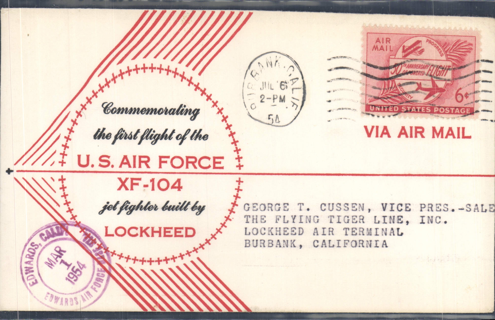 Letter 1st Flight the US United States Air Force XF104 Edwards Air Force 6 7 1954
