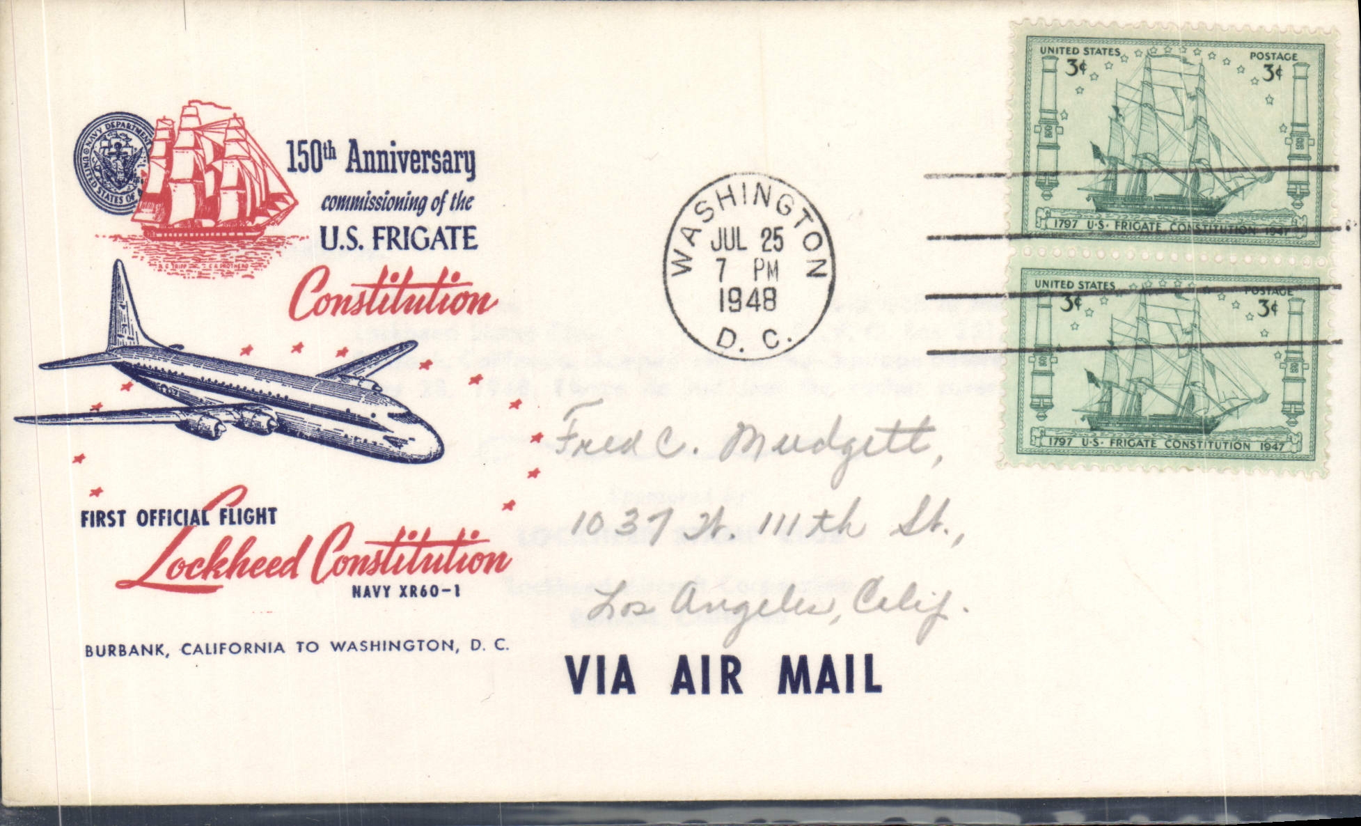 Lettre 1er Vol Etats Unis Burbank to Washington DC 25 7 1947 Avon Constitution