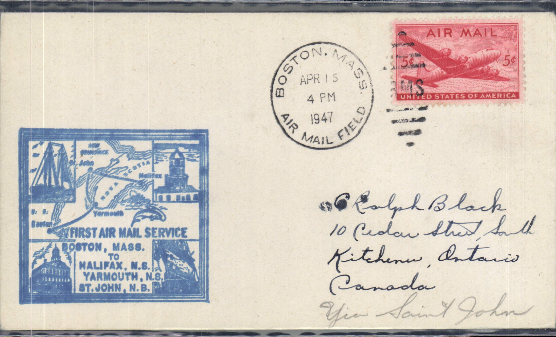 Lettre 1er Vol Etats Unis Boston Halifax 15 4 1947