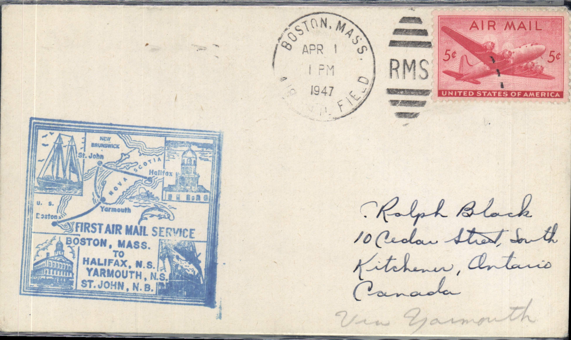 Letter 1st Flight the United States Boston Halifax 1 4 1947