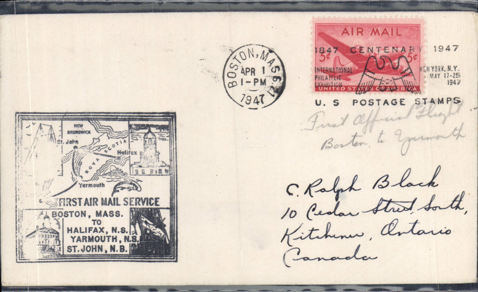 Lettre 1er Vol Etats Unis Boston Halifax 1 4 1947