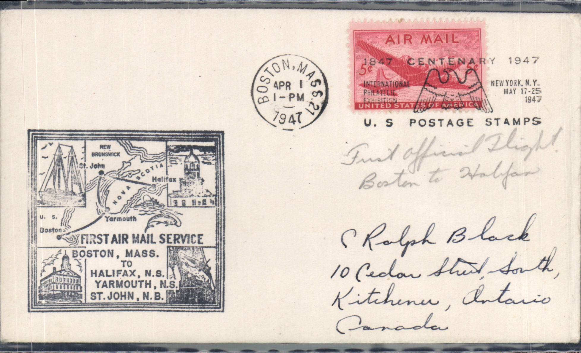 Lettre 1er Vol Etats Unis Boston Halifax 1 4 1947