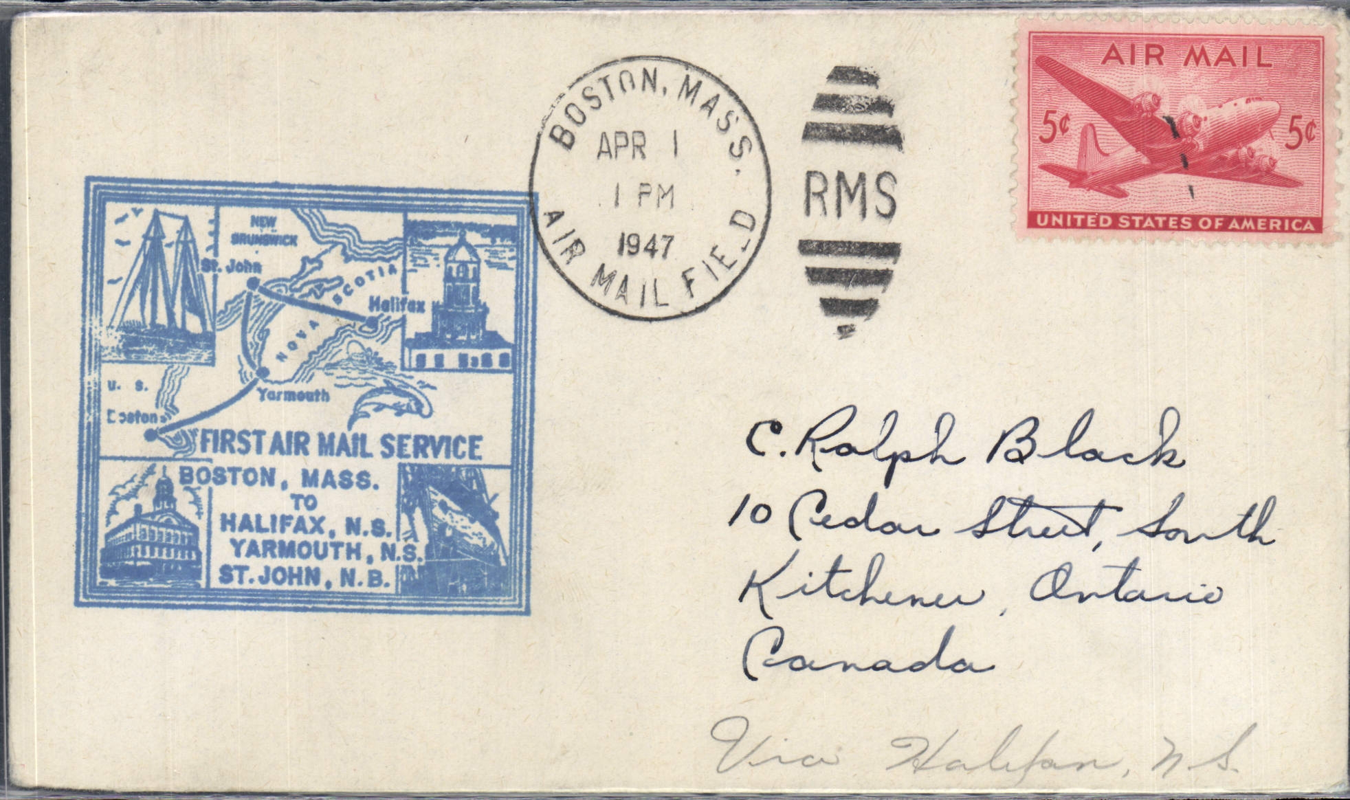 Lettre 1er Vol Etats Unis Boston Halifax 1 4 1947