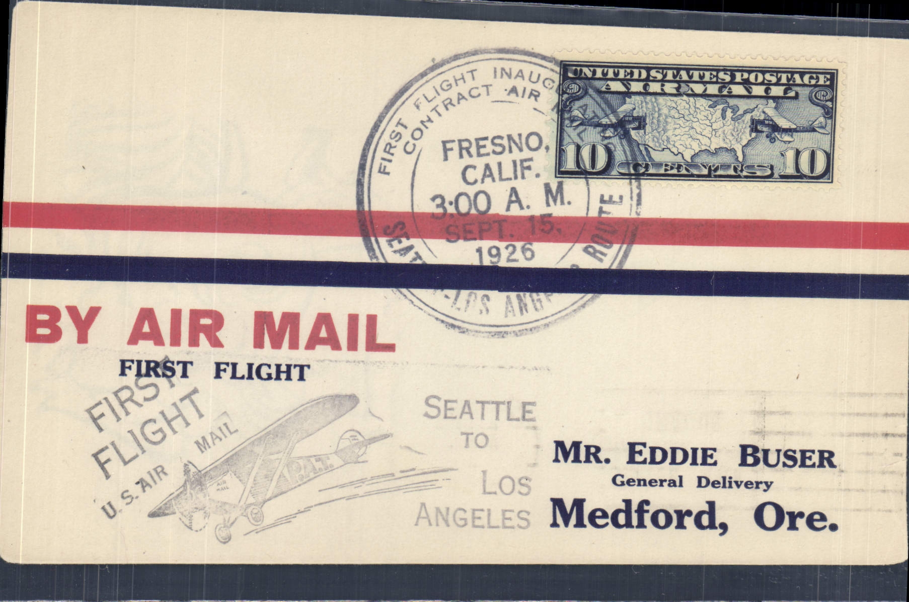Letter 1st Flight the United States Seattle Los Angeles 15 9 1926