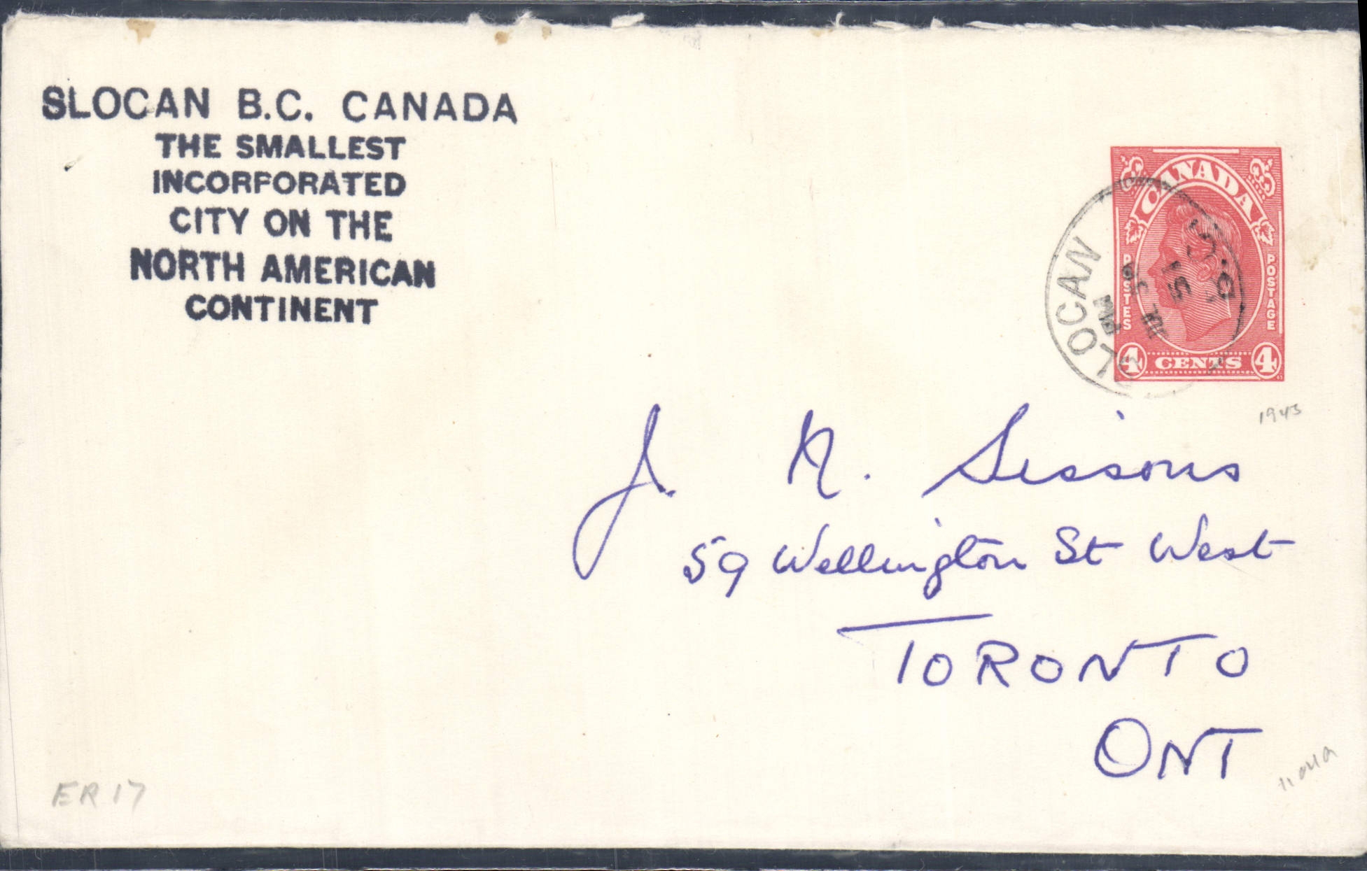Lettre Canada Slocan 1951 to Toronto 