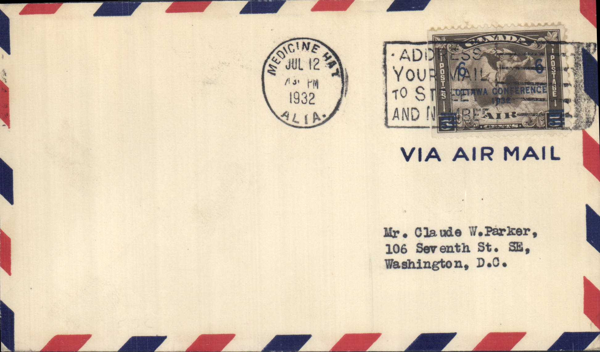 Letter Canada flight Medicine to Washington 12 7 1932 FDC