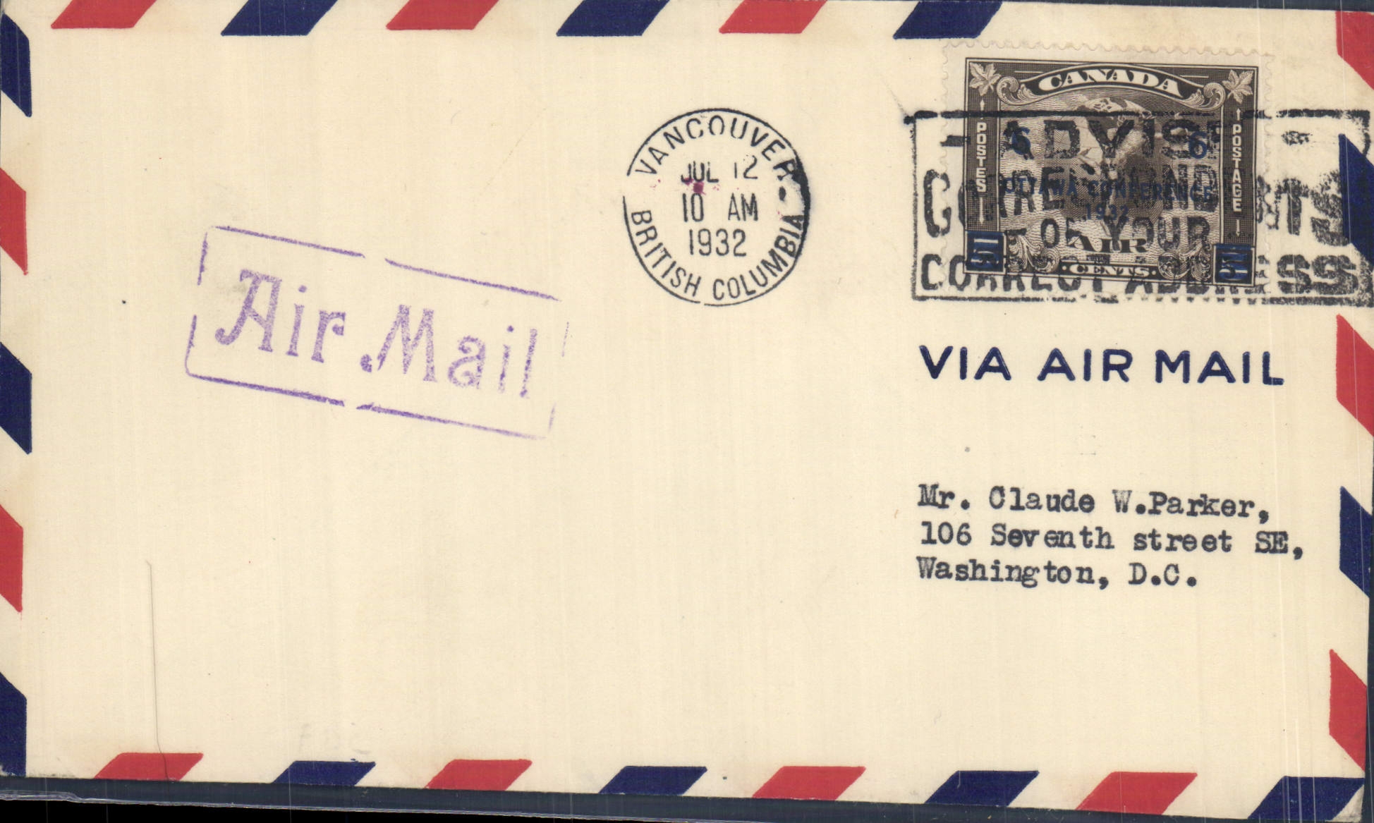 Lettre Canada Vol Vancouver BC tp Washington FDC