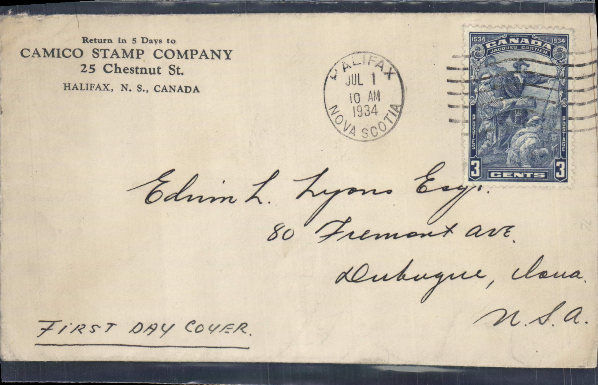 Lettre Canada Halifax to USA FDC Cartier 1 7 1934