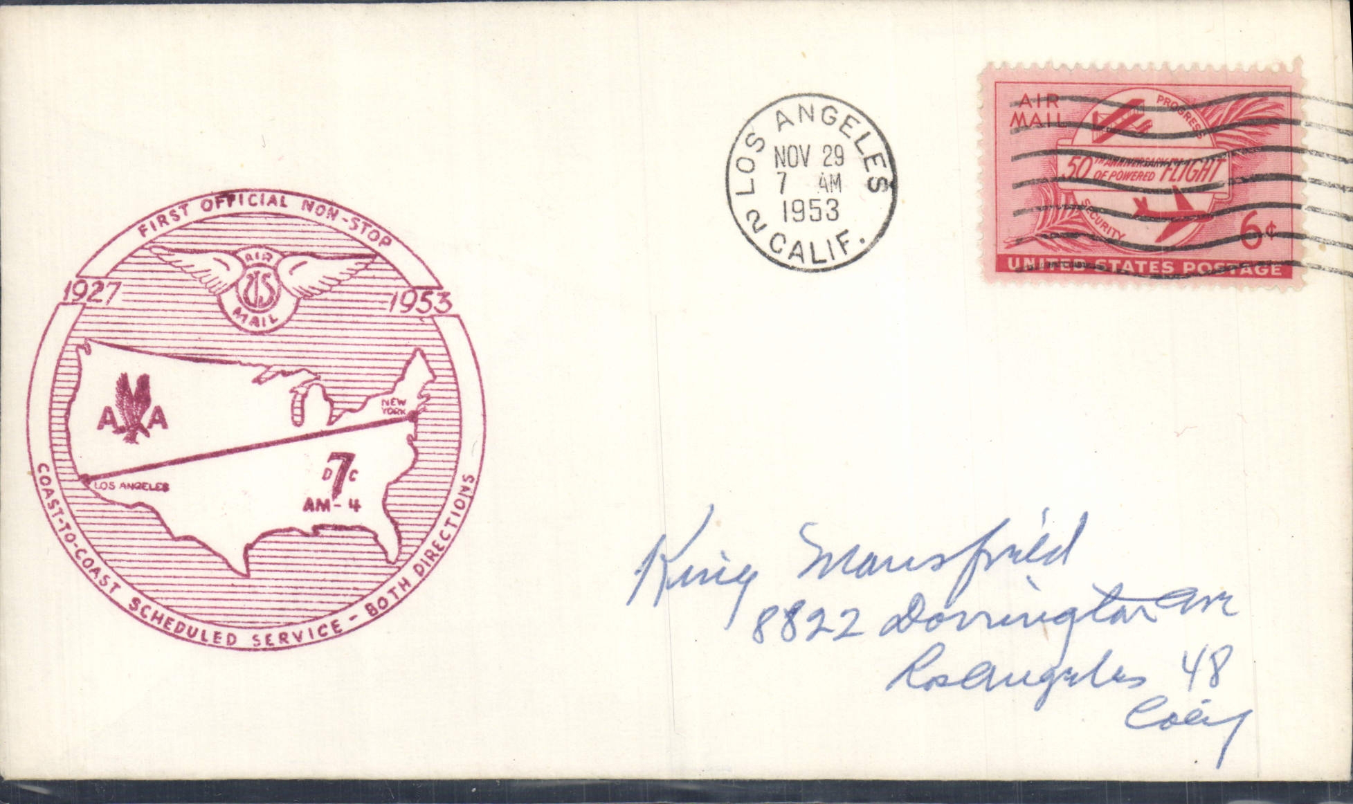 Lettre Etats unis 1st Flight Los Angeles New York 29 11 1953