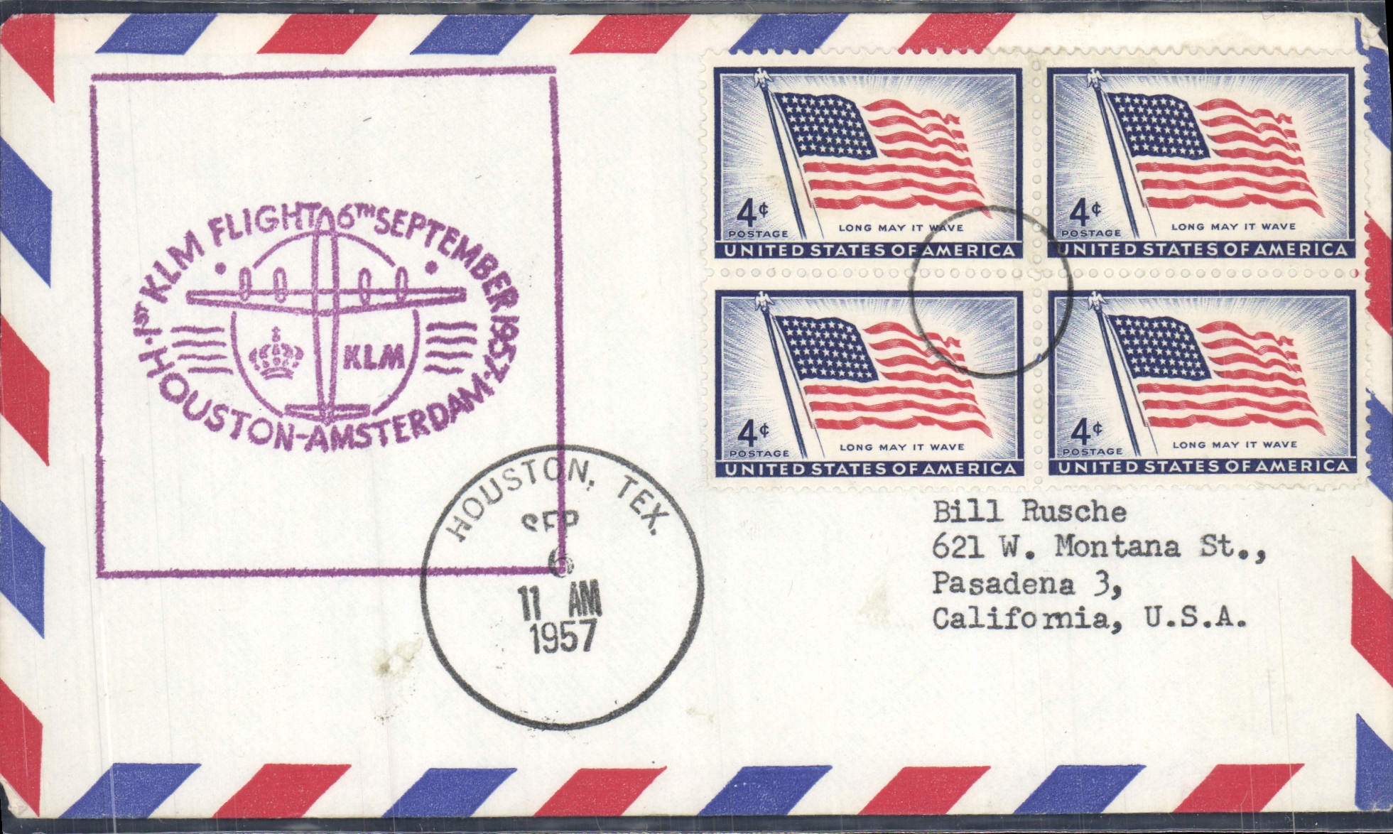 Letter the United States 1st Flight KLM Flight Houston Amsterdam 6 9 1957