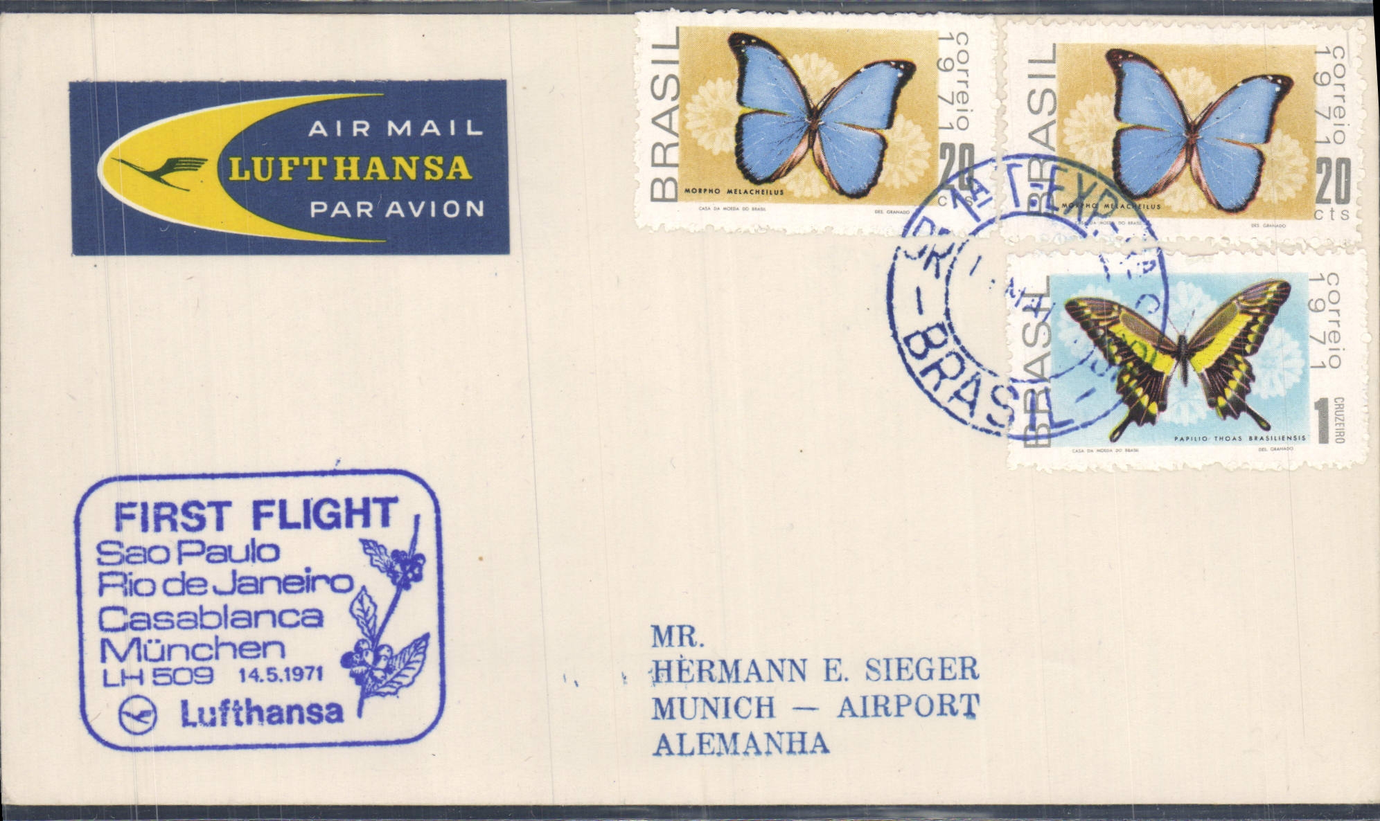 Letter Brazil 1st Flight Sao Paulo Rio de Janerio Casablanca Munchen 14 5 1971 Butterflies