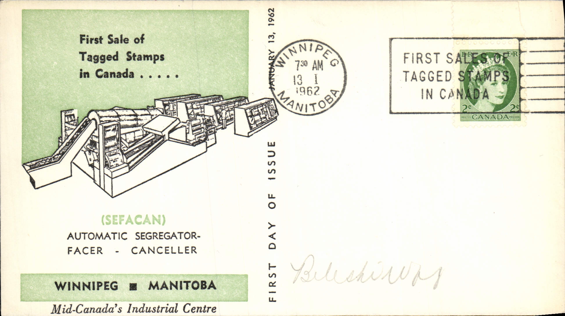 Lettre Canada Sefacan Automatic Segregator Winniped Manitoba Tagged stamps 13 1 1962