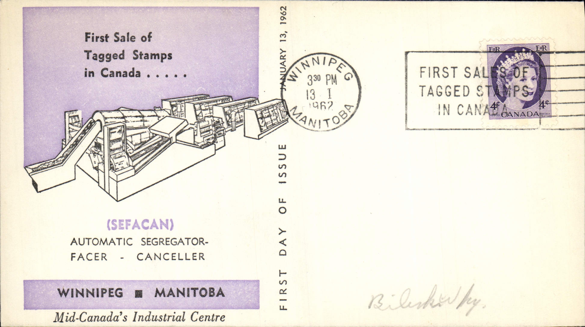 Lettre Canada Sefacan Automatic Segregator Winniped Manitoba Tagged stamps 13 1 1962