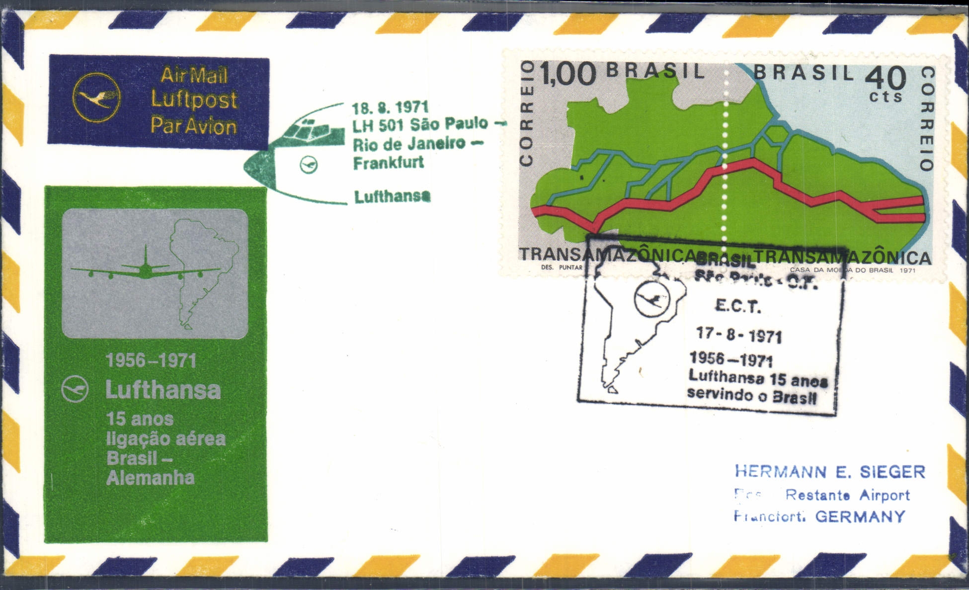 Lettre Bresil LH501 Sao Paulo Rio de Janeiro Lufthansa 18 8 71