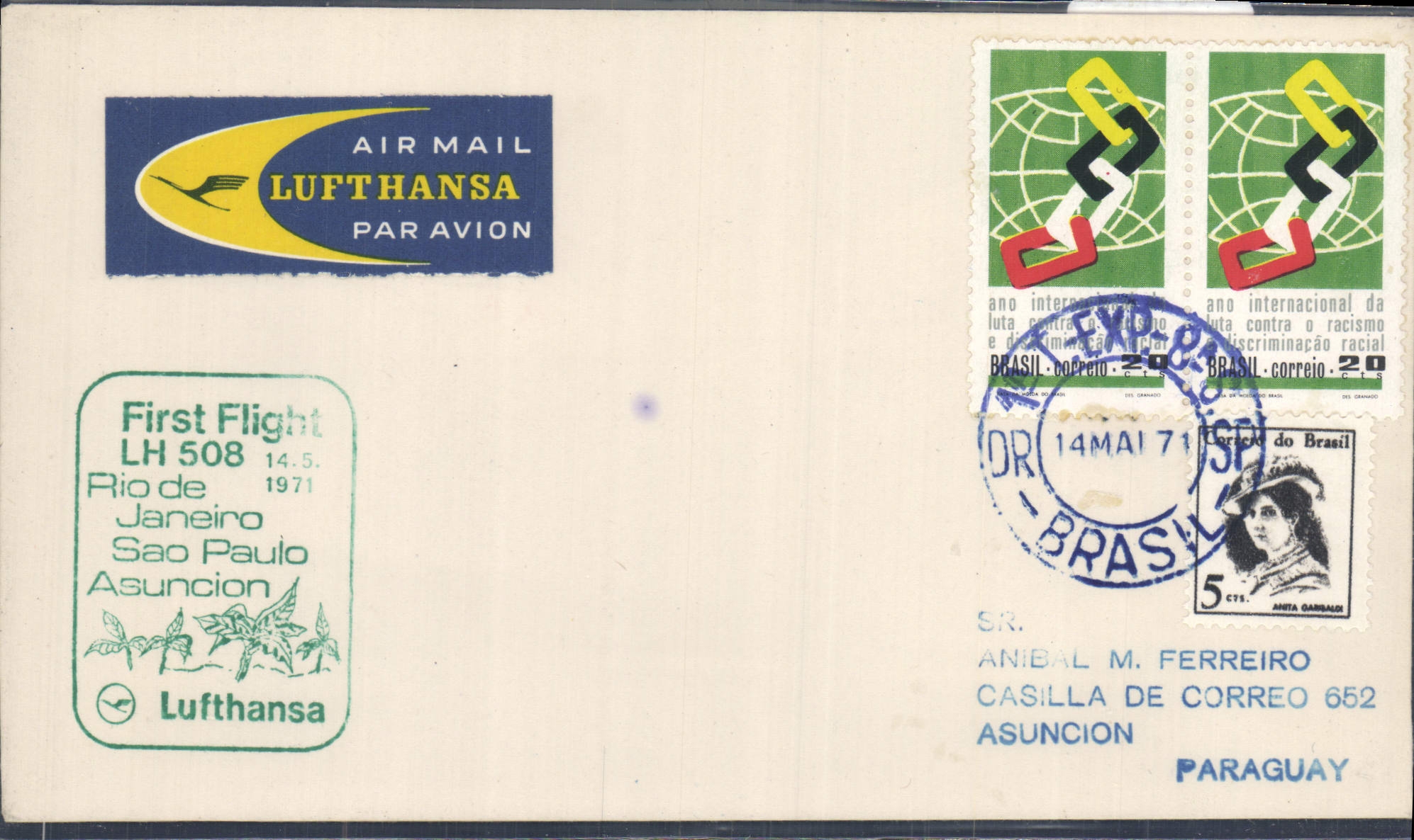 Lettre Bresil Lufthansa Rio de Janeiro Asuncion Sao Paulo 14 5 1971