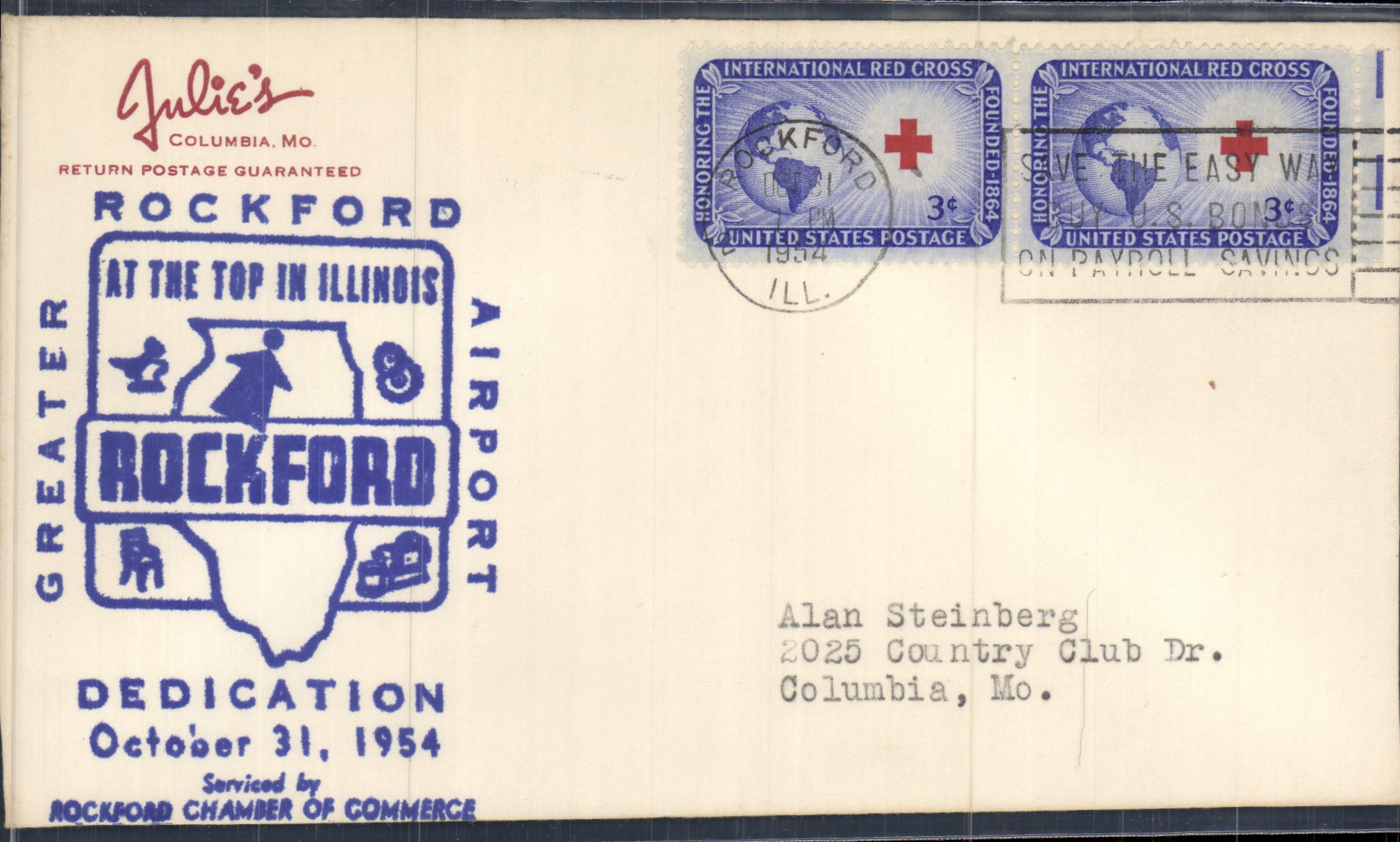 Lettre Etats Unis Rockford 31 10 1954