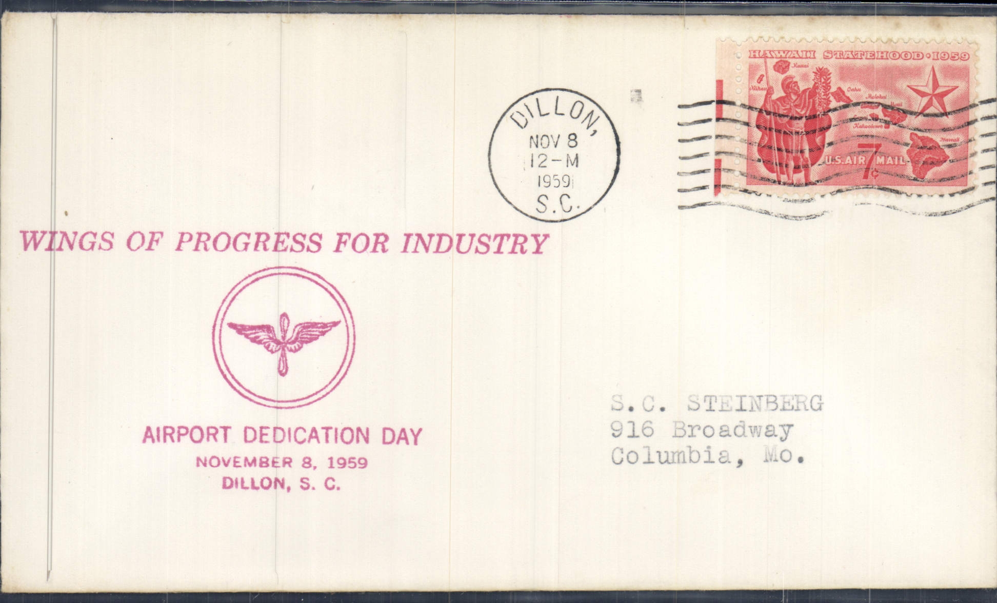 Letter the United States Hawaii Dedication Day 8 11 1959 Dillon