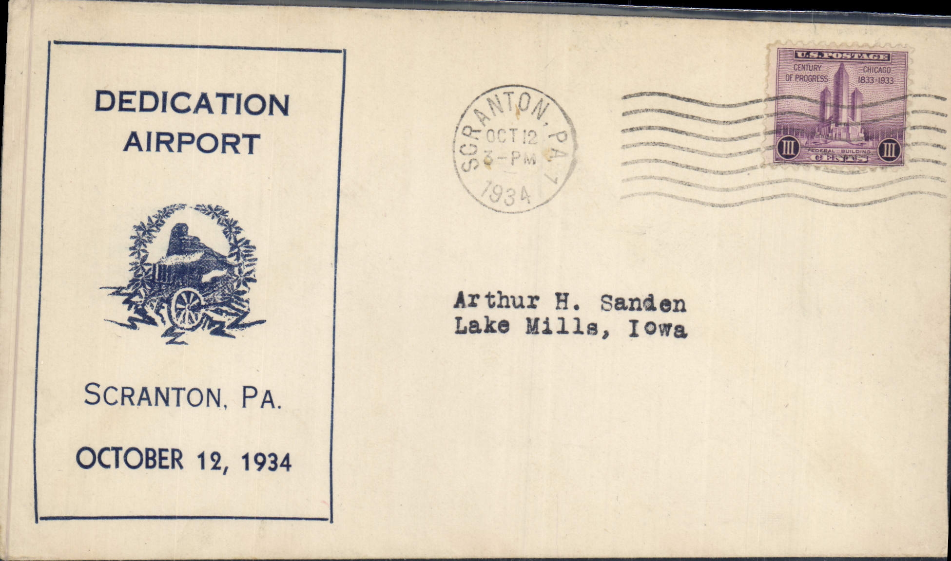 Letter the United States Dedication Airport Scranton Pa 2 11 1934