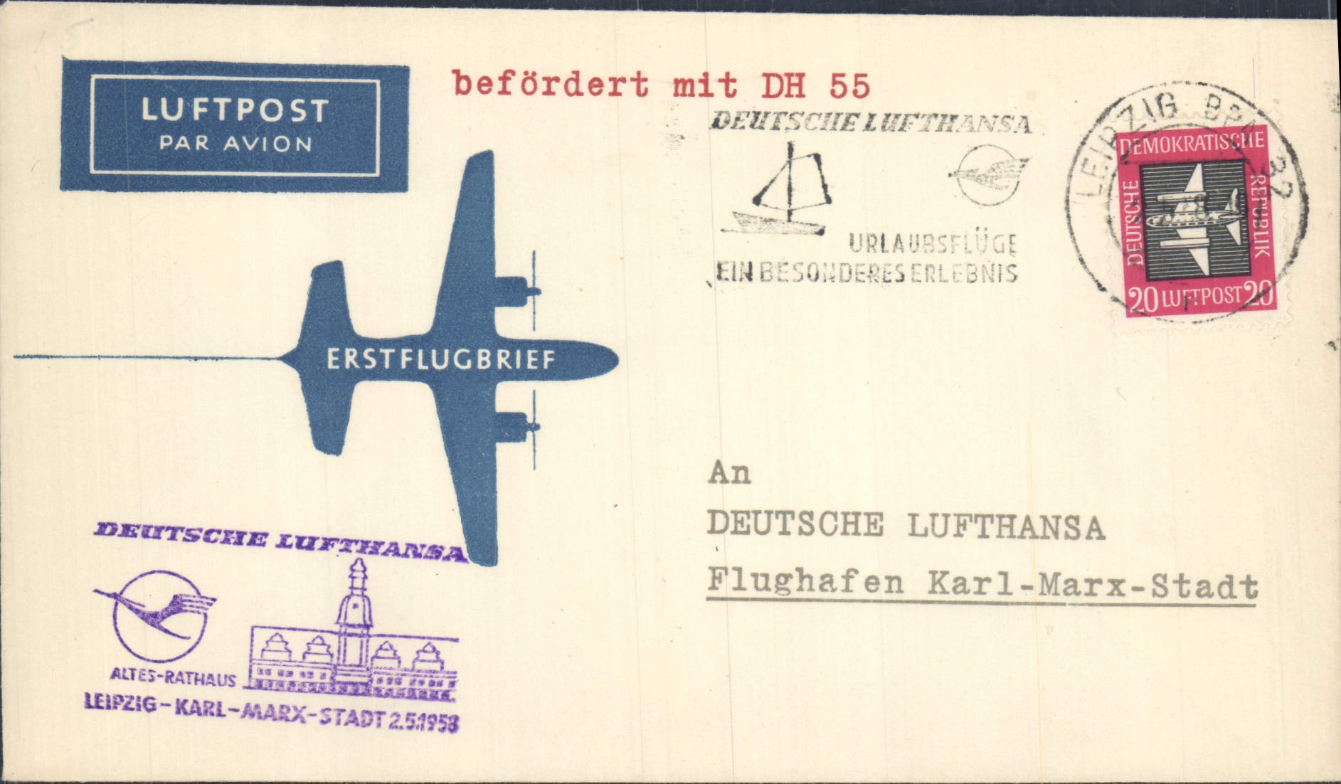 Lettre Allemagne DDR Lufthansa Leipzig Karl Marx Stadt 2 9 1958