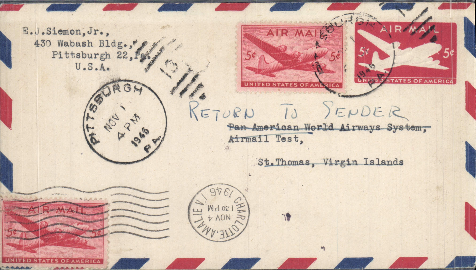 Letter the United States Flight Pittsburgh to St Thomas Virgin Islands 1 11 1946