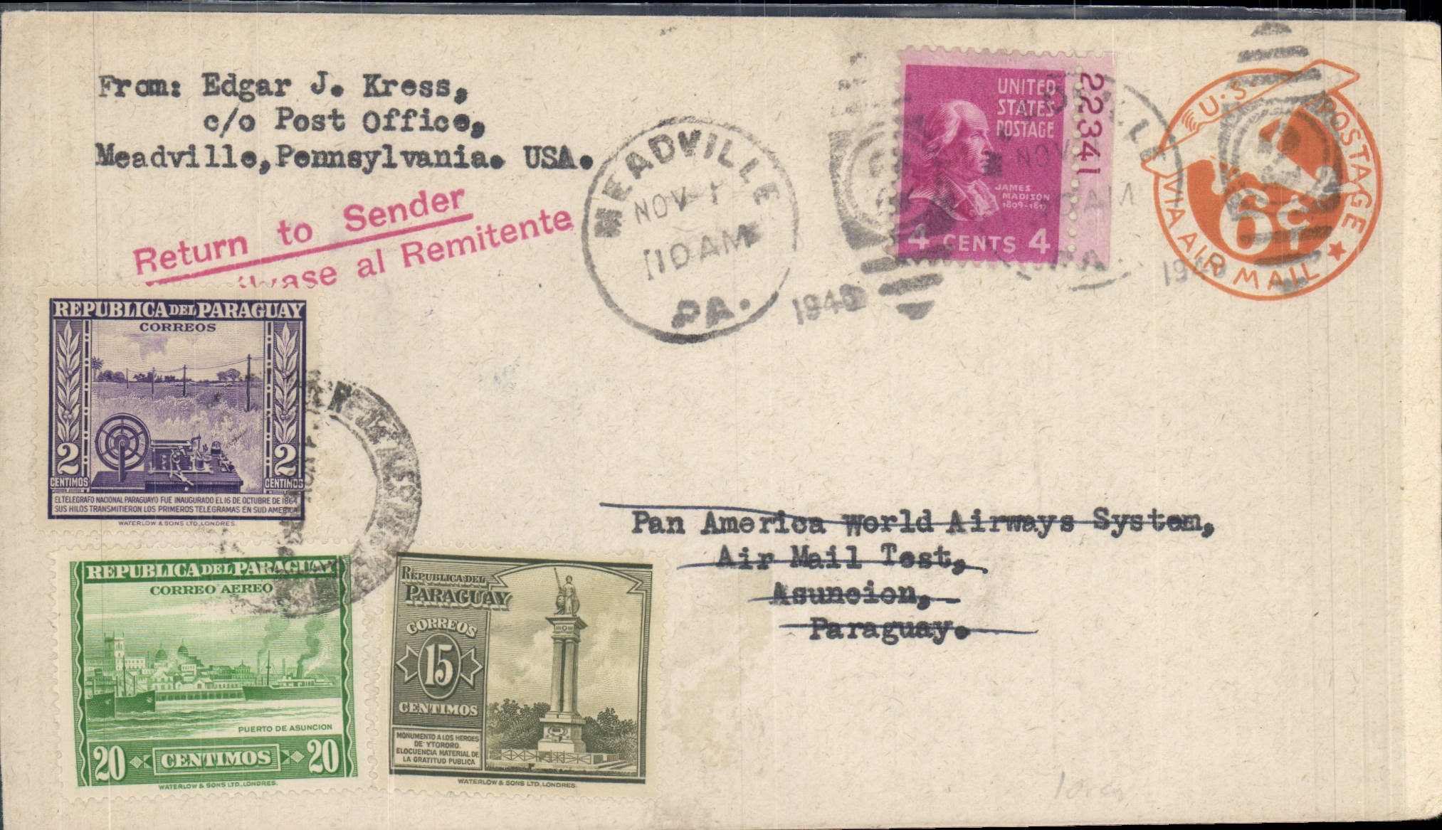 Lettre Etats Unis Flight to Paraguay 1 11 1946