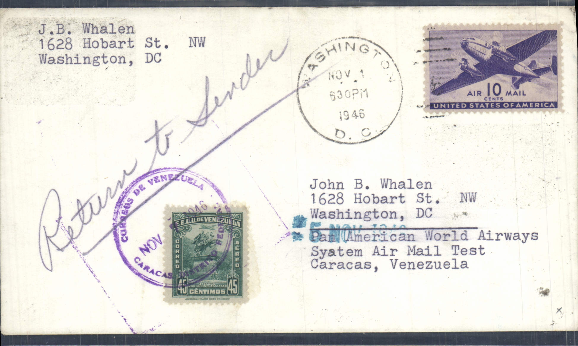 Lettre Etats Unis Flight to Venezuela 1 11 1946