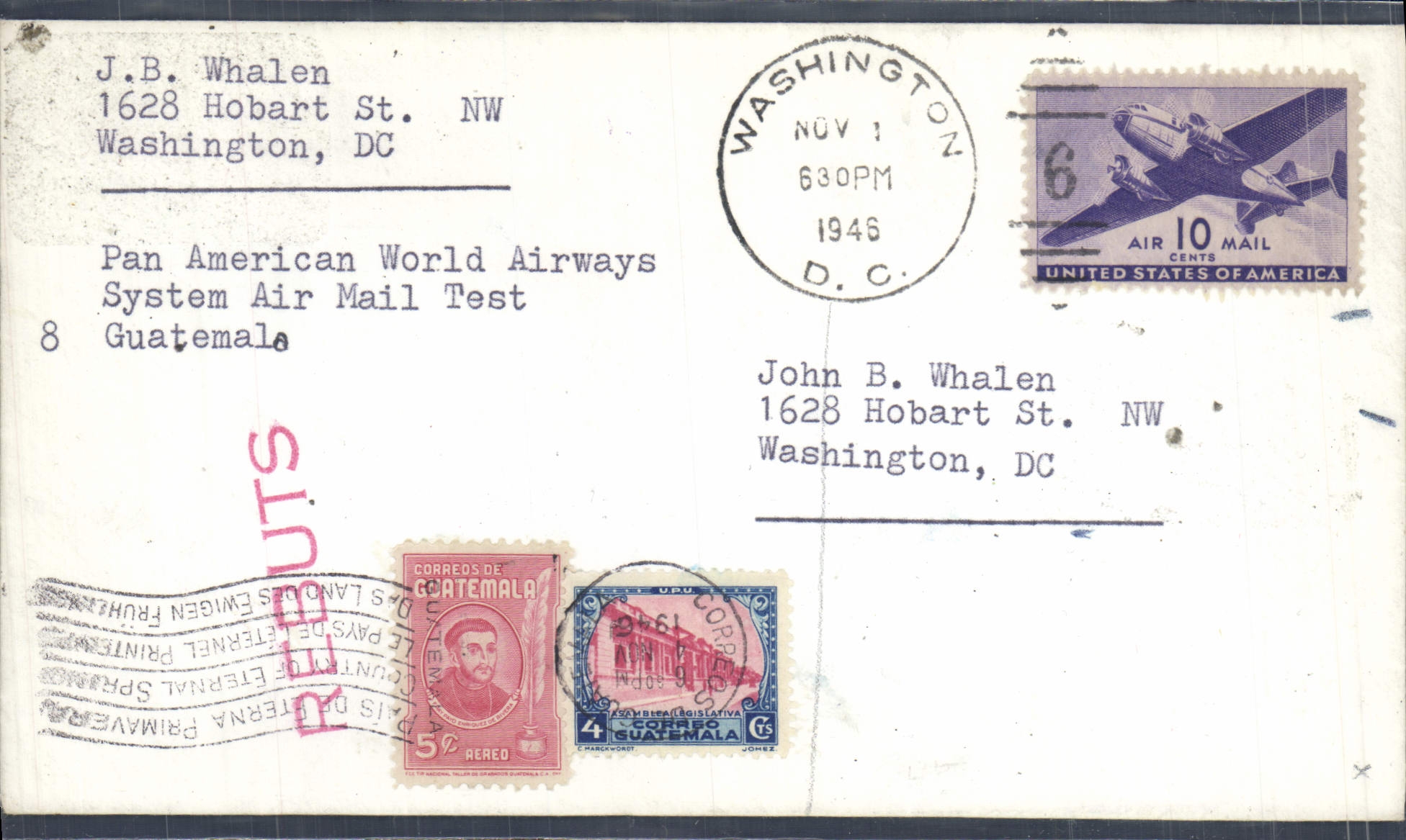 Lettre Etats Unis Flight to Washington 1 11 1946