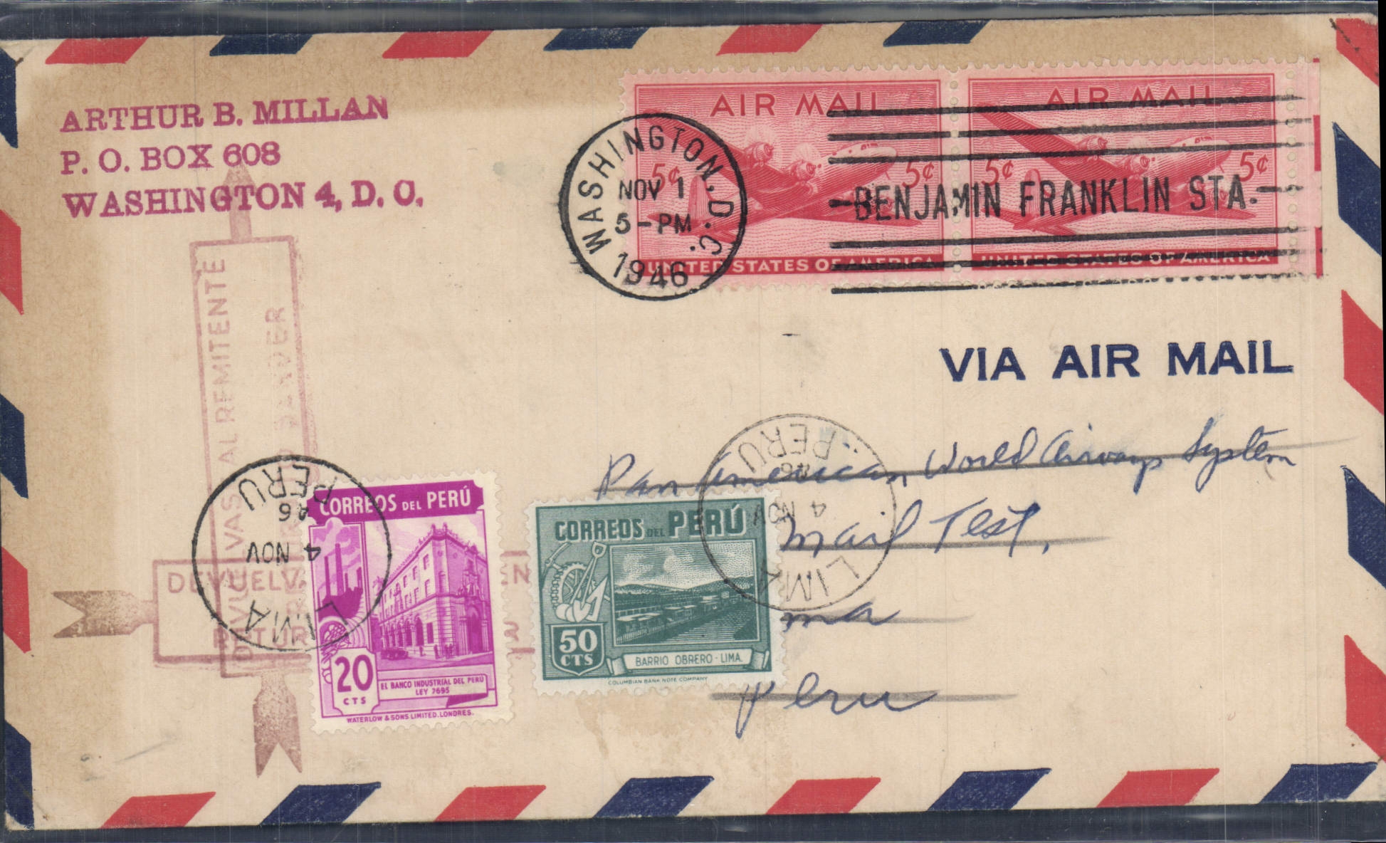 Lettre Etats Unis Flight to Peru 1 11 1946