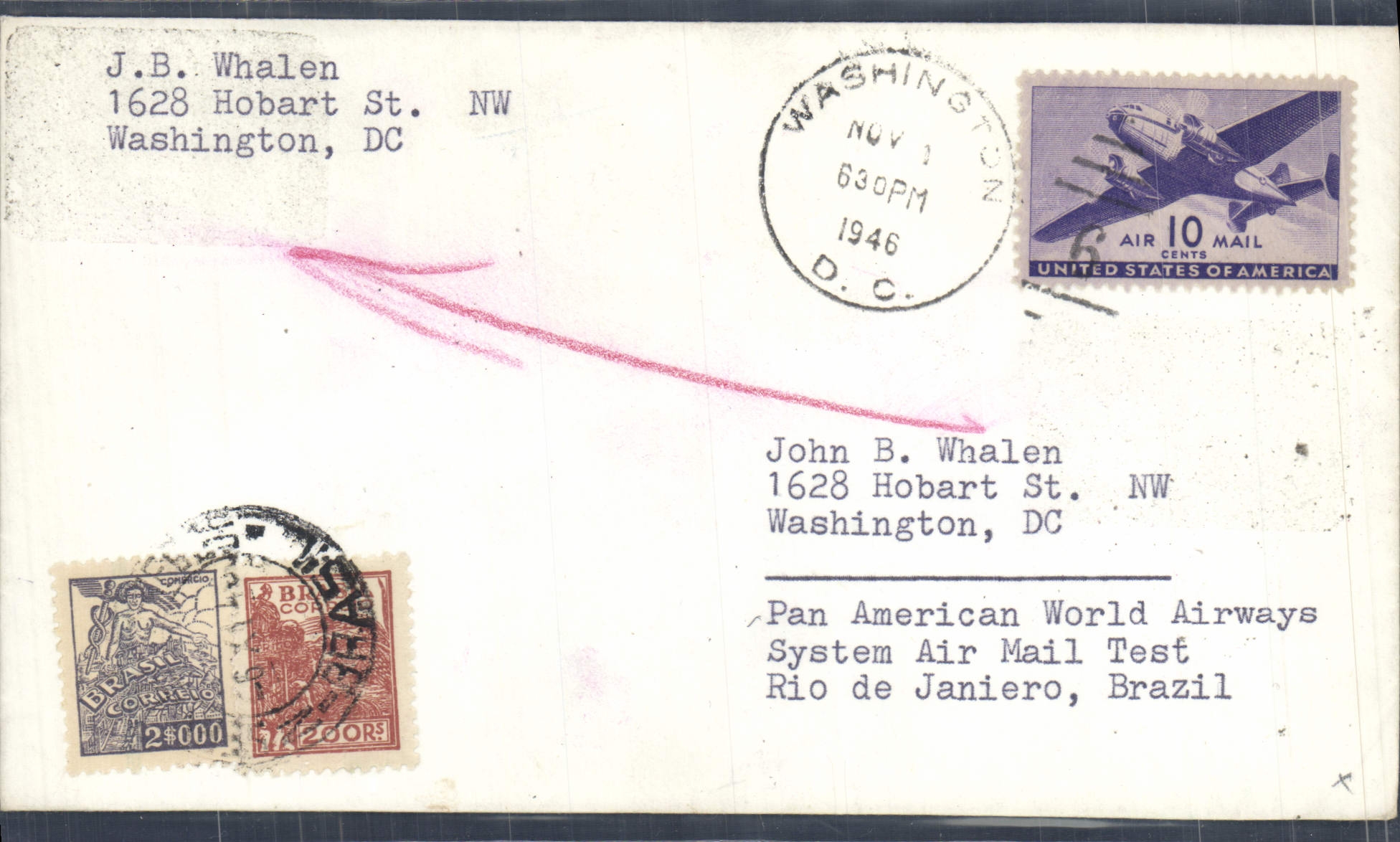 Lettre Etats Unis Flight to Brazil 1 11 1946