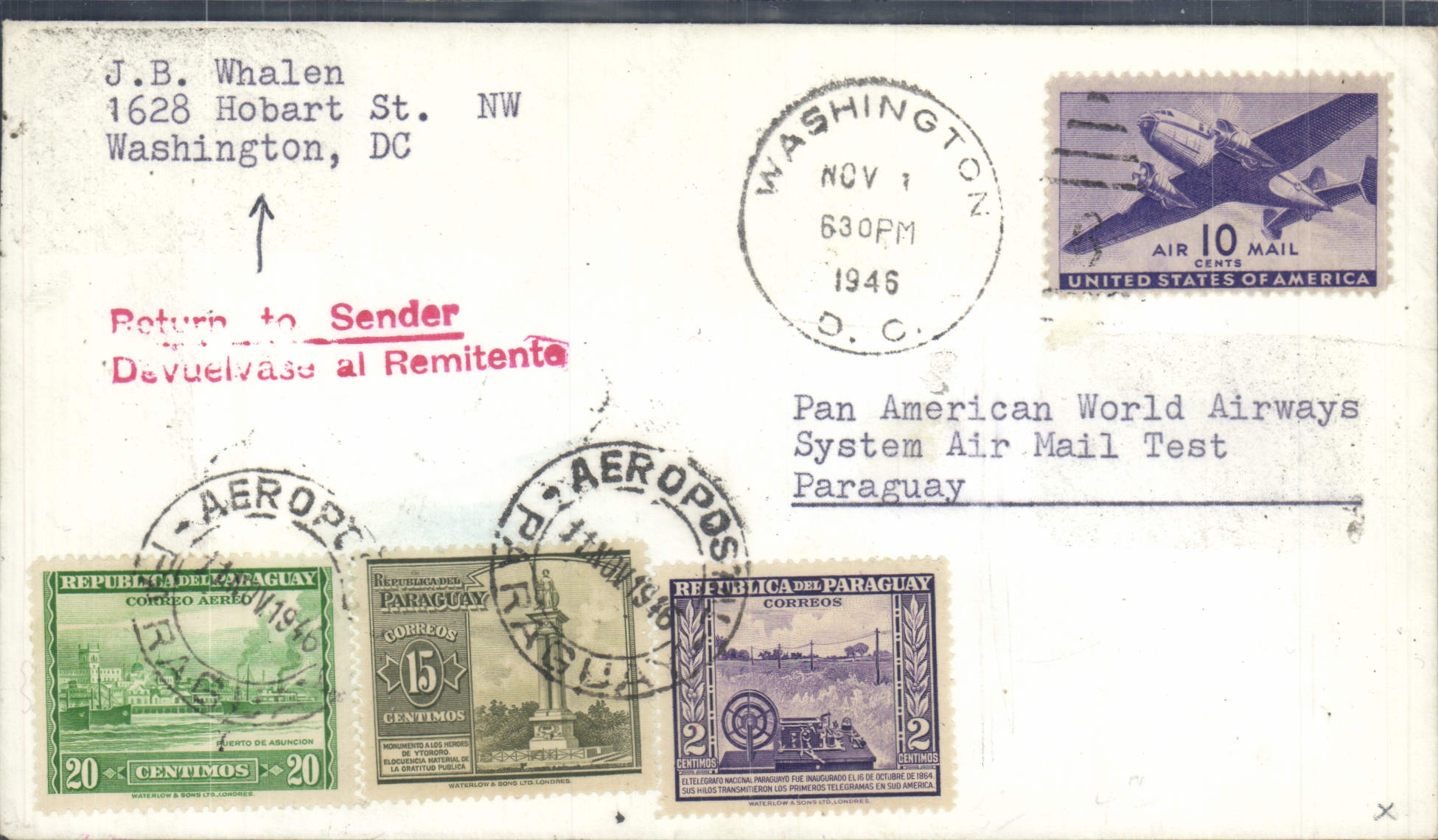 Lettre Etats Unis Flight to Paraguay 1 11 1946