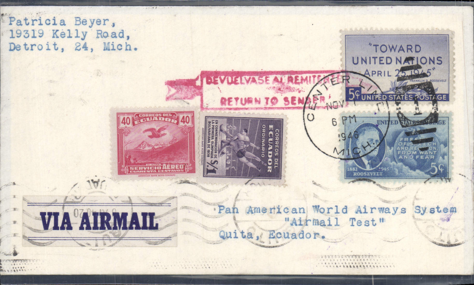 Lettre Etats Unis Flight to Ecuador 1 11 1946