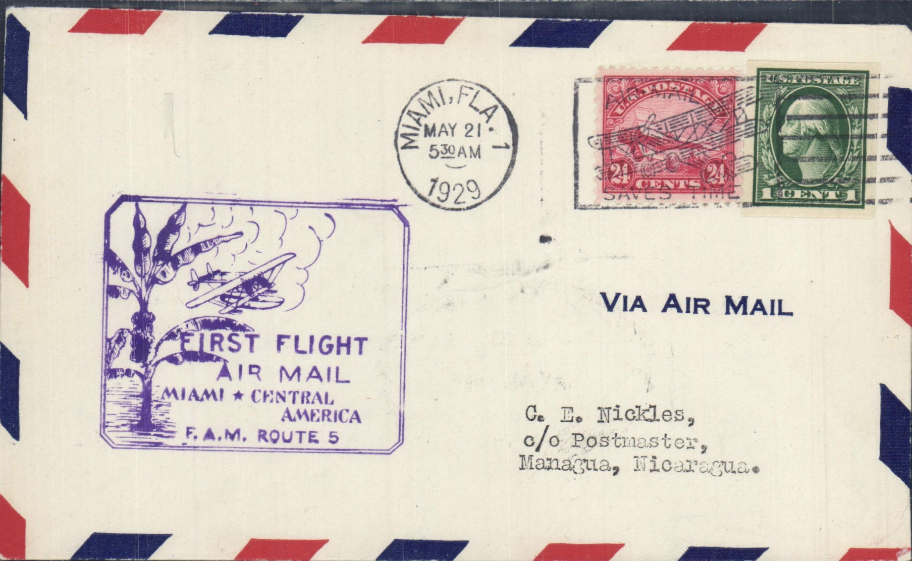 Lettre Etats Unis 1st flight Miami Central America FAM Route 5 21 5 1929