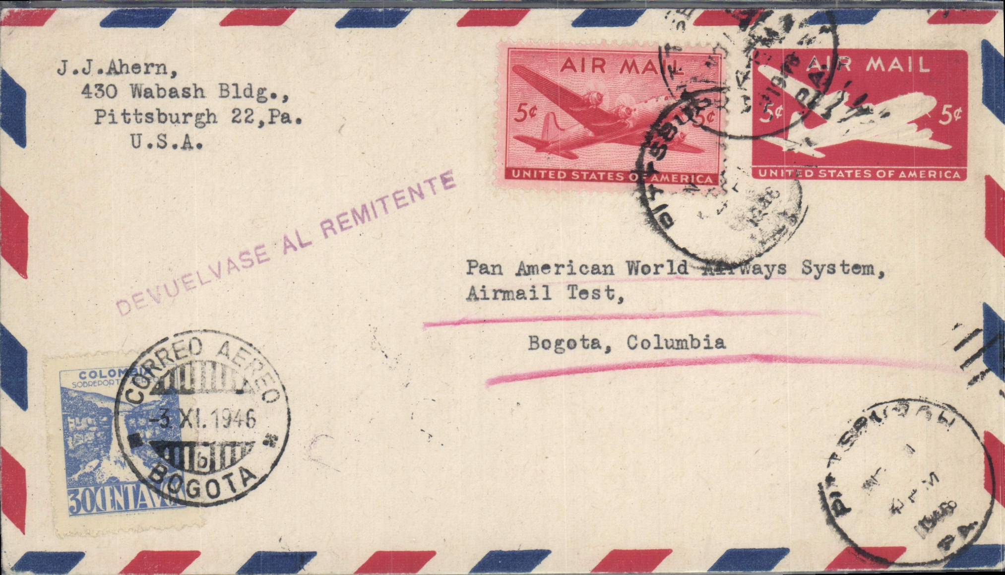 Lettre Etats Unis Flight to Bogota 3 11 1946